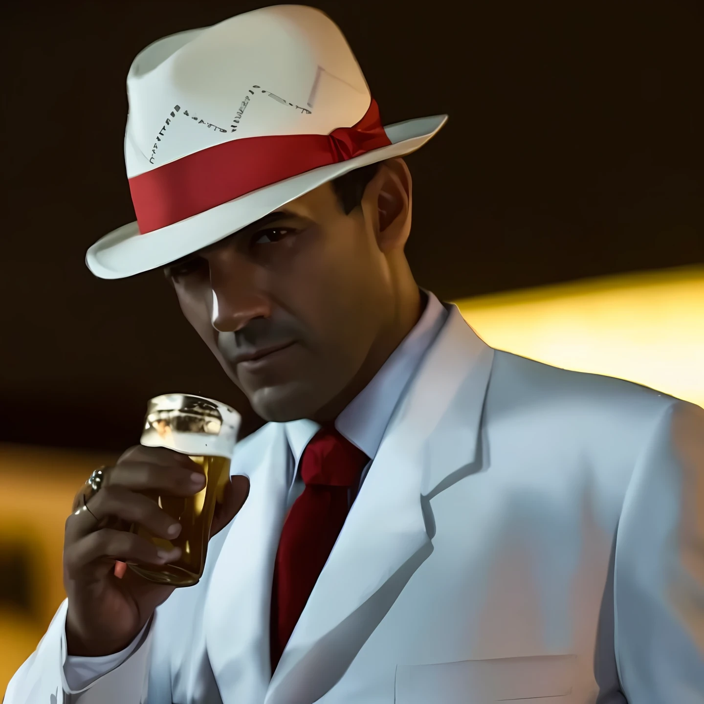 There's a man in a white suit and red tie holding a beer, com charuto, white suit and hat, imagem de perfil, andres rios, foto do perfil, Gorjetando seu fedora, Raj Koothrappali como Saul Goodman, charuto, homem bonito, a suited man in a hat, enquanto fuma um charuto, com uma bebida, se segurando uma bebida