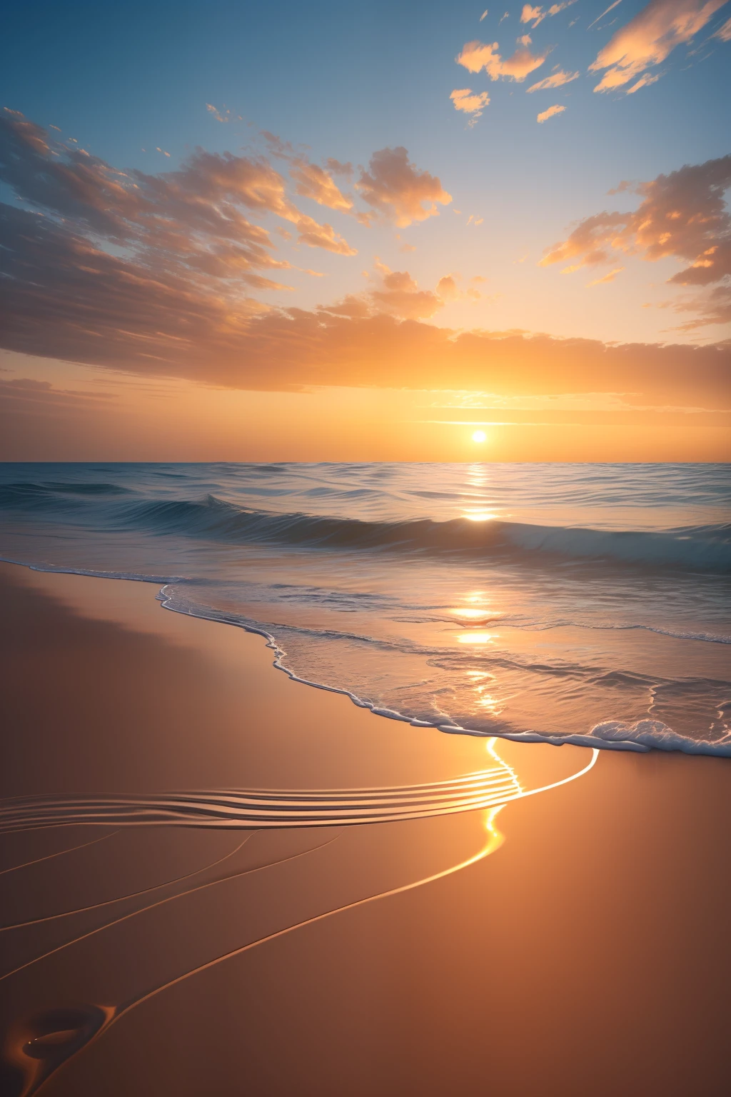 Beautiful sea, ripples in the water, award winning photography, photography, photorealistic, golden sunrise, blazing sun, intricate, path tracing, elaborate, illustration, highly detailed