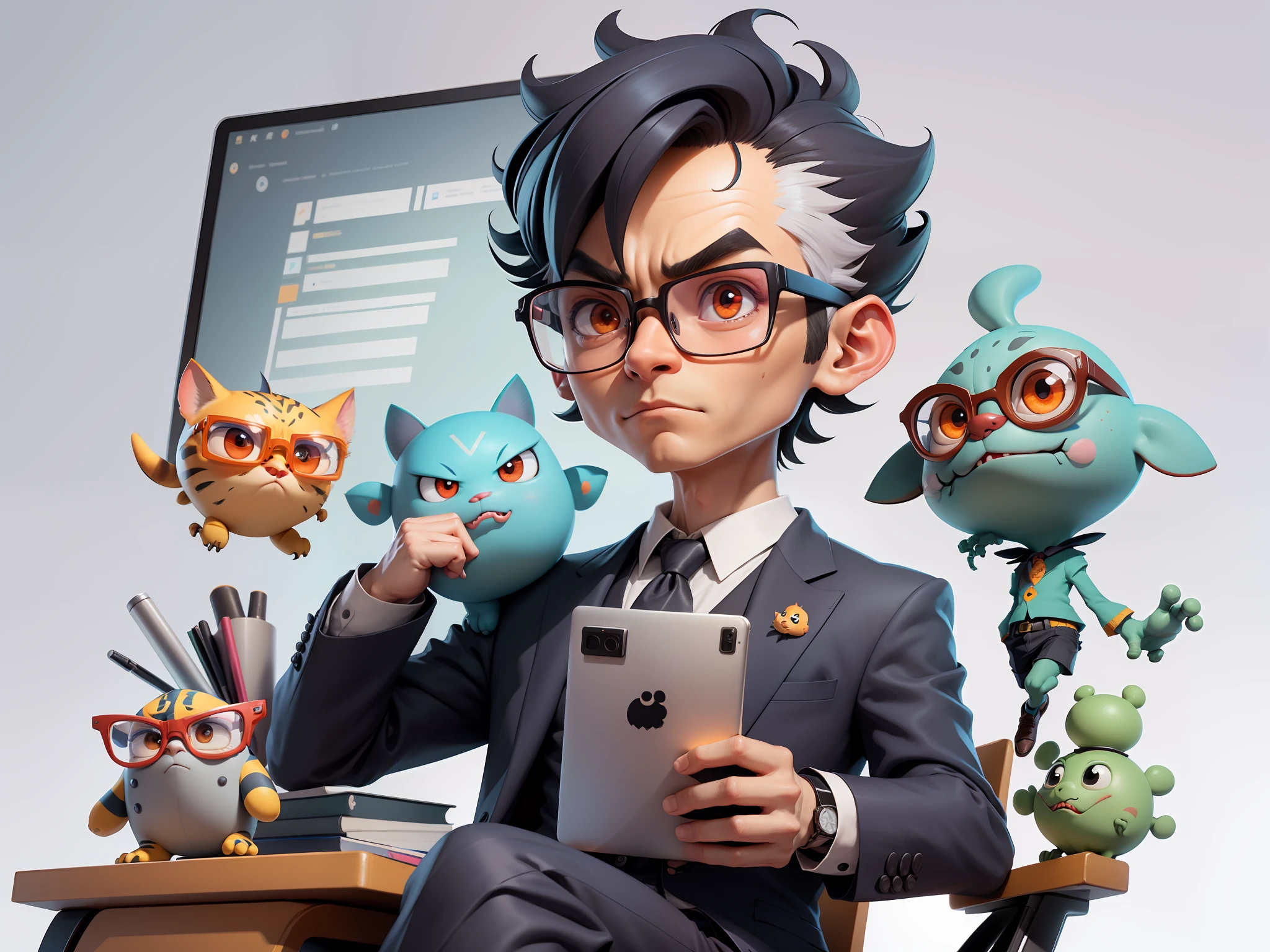 A young man in a suit, Short hair and glasses sat at his desk,holding laptop,digitial painting,tigre,3D character design by Mark Clairen and Pixar and Hayao Miyazaki and Akira Toriyama,4K HD illustration,Very detailed facial features and cartoon-style visuals。