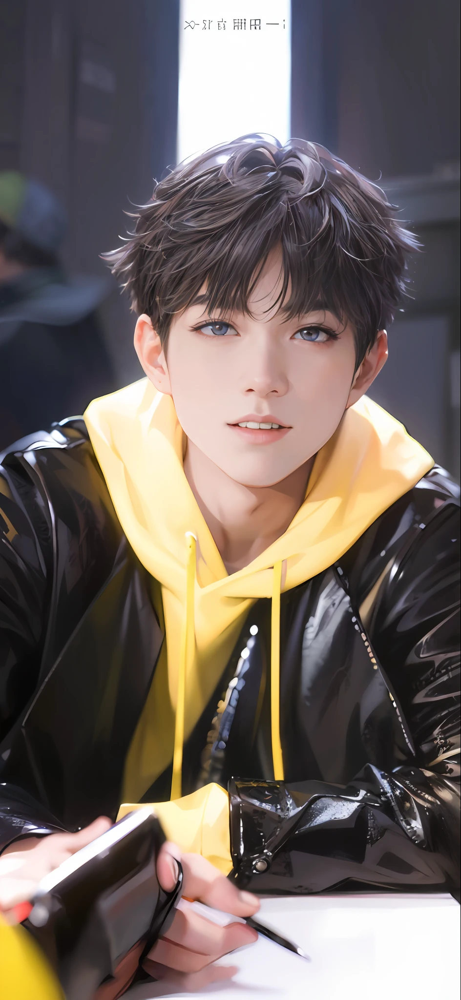 (absurdres, highres, ultra detailed, HDR), masterpiece, best quality, a boy, solo, handsome, short hair, white hair, finely eye and detailed face, casual clothes, real shadow, lift hand in peace sign, joyful, ear piecing,