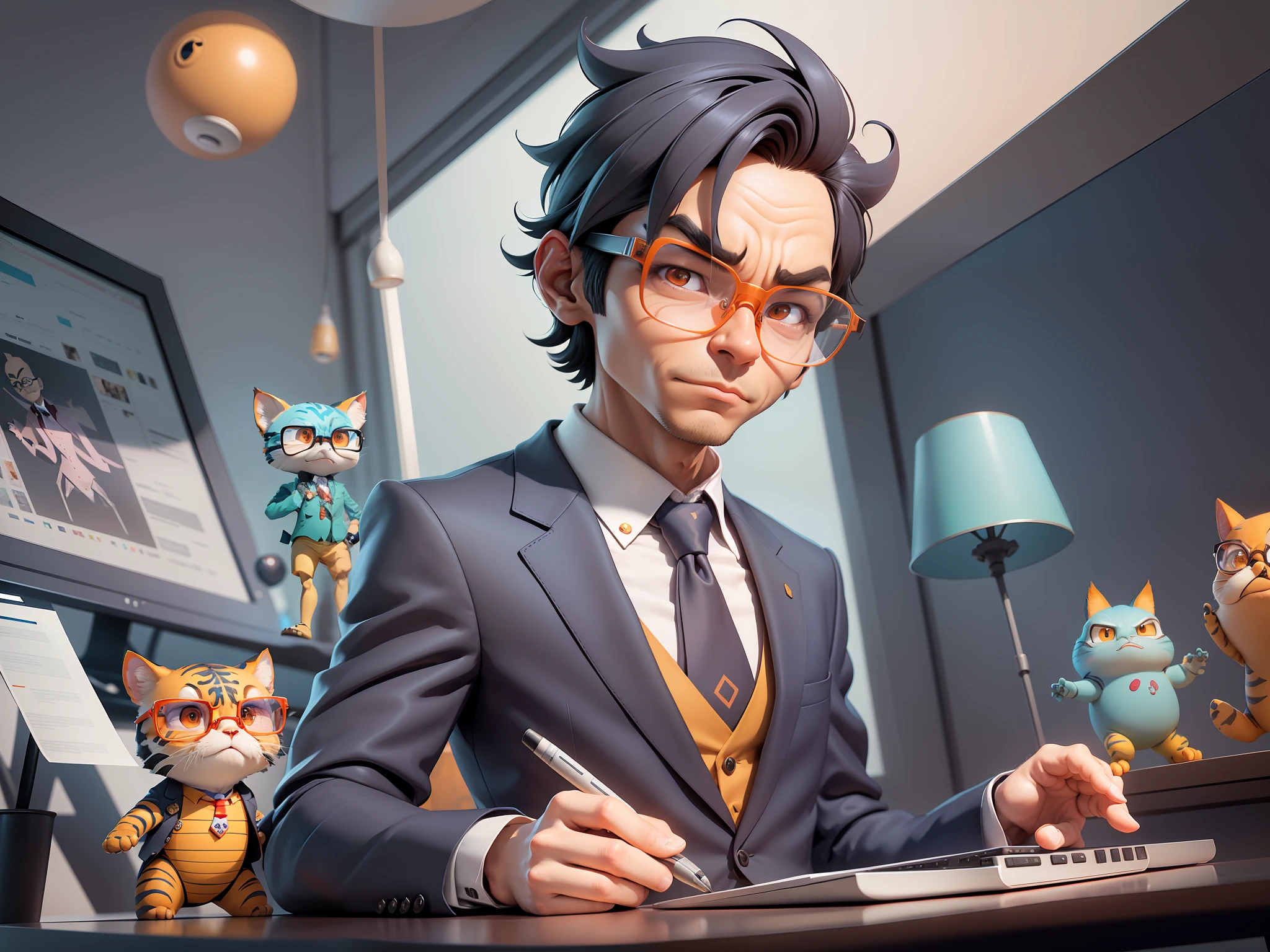 A young man in a suit, Short hair and glasses sat at his desk，holding laptop，digitial painting，tigre，3D character design by Mark Clairen and Pixar and Hayao Miyazaki and Akira Toriyama，4K HD illustration，Very detailed facial features and cartoon-style visuals。