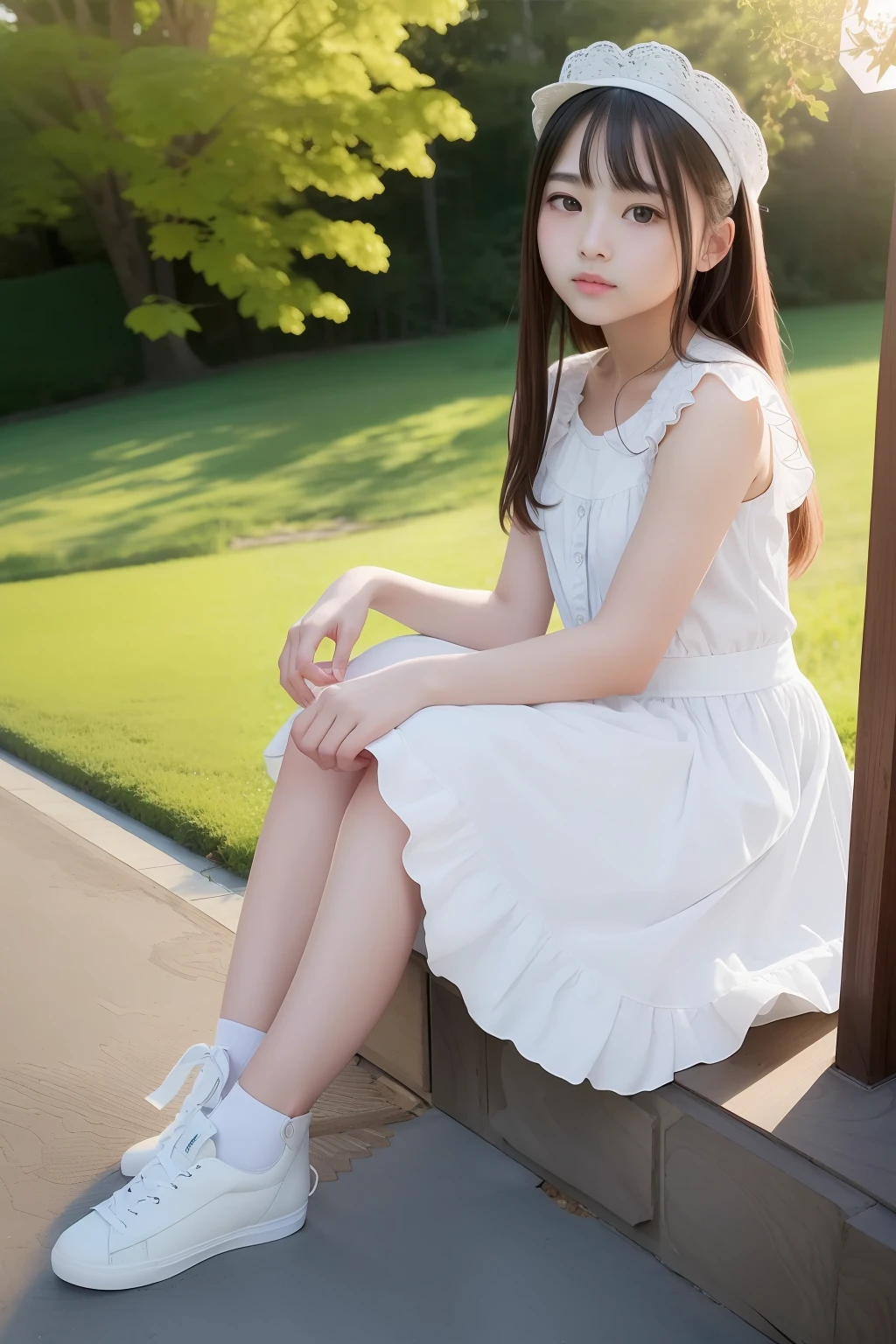 top-quality、超A high resolution、(Photorealsitic:1.4)、1 girl in、​masterpiece、outside of house、full body Esbian、cute little、Gentle expression、lolita、