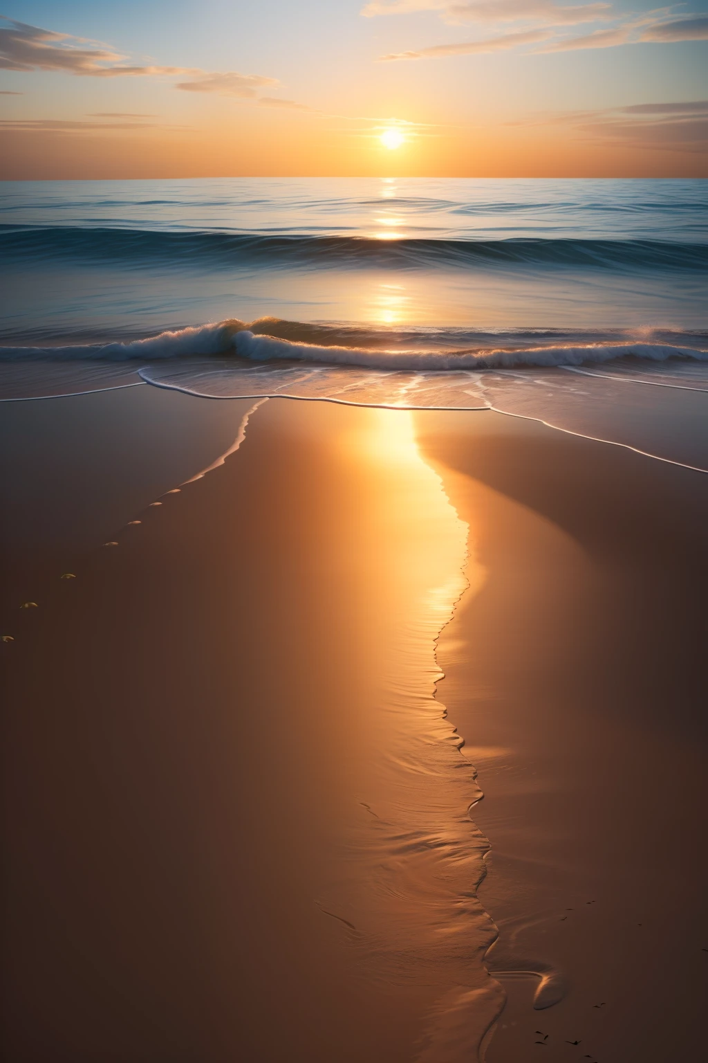 Beautiful sea, ripples in the water, award winning photography, photography, photorealistic, golden sunrise, blazing sun, intricate, path tracing, elaborate, illustration, highly detailed