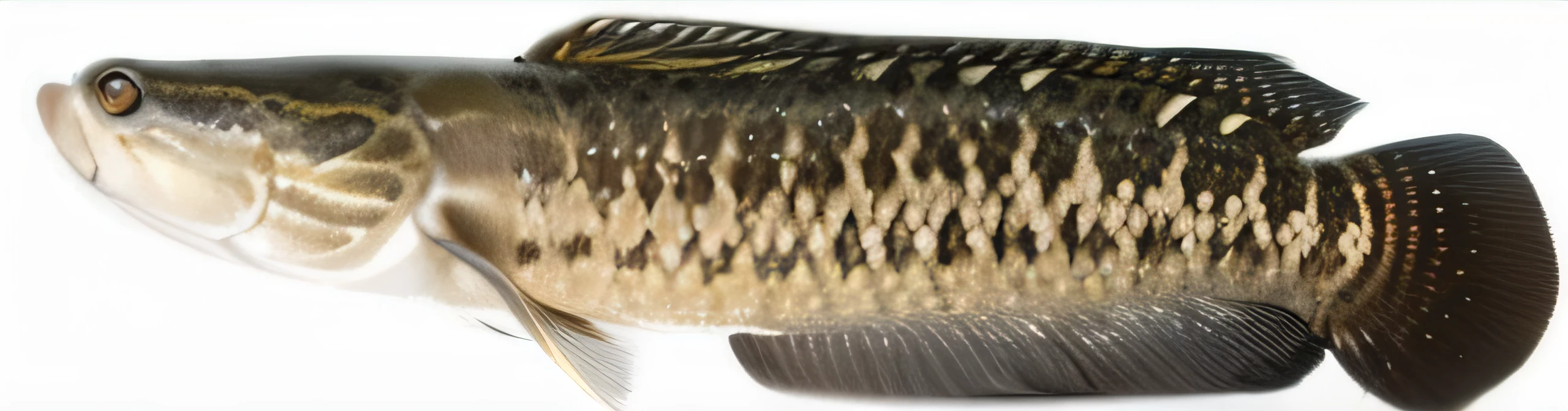 There is a fish standing on a white surface, fish skin, Small mouth, gulper eel, brown scales, side view of a gaunt, side view close up of a gaunt, Gills and scales, Gray mottled skin, top - side view, snake scales, detailed scale, Smooth scales, mullet, the sideview, fish scales