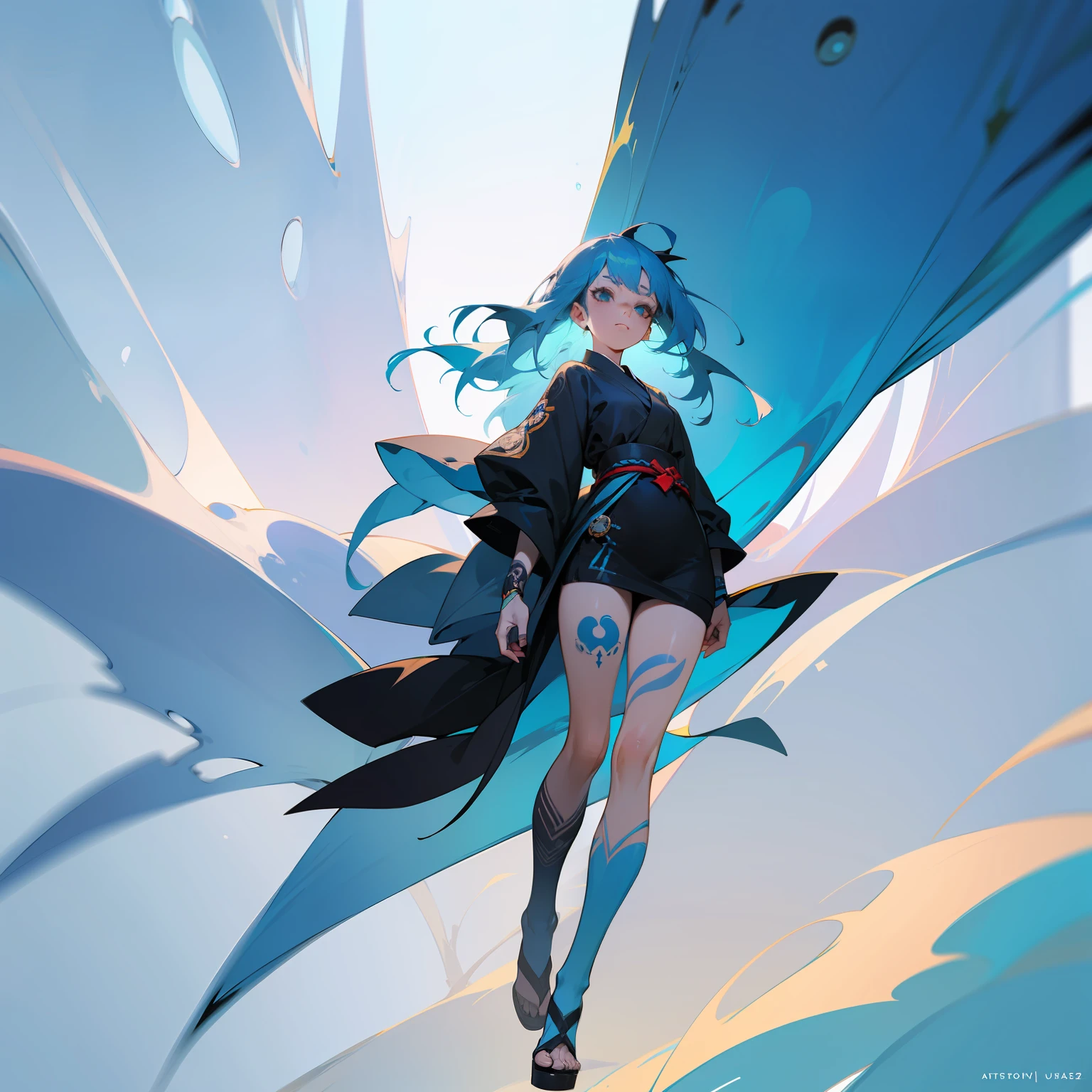 Ultra-high definition 2D art, close-up (1 woman), light blue hair, 2D animation style, soft and delicate depiction, attention also on her full-body tattoos (full-body art), landscape mode, masterpieces by Guweiz and James Jean, tattoo expert designs by CGSCOSITY, etc. A beautiful blue-haired girl who became a hot topic at the trend art station of Japan.
