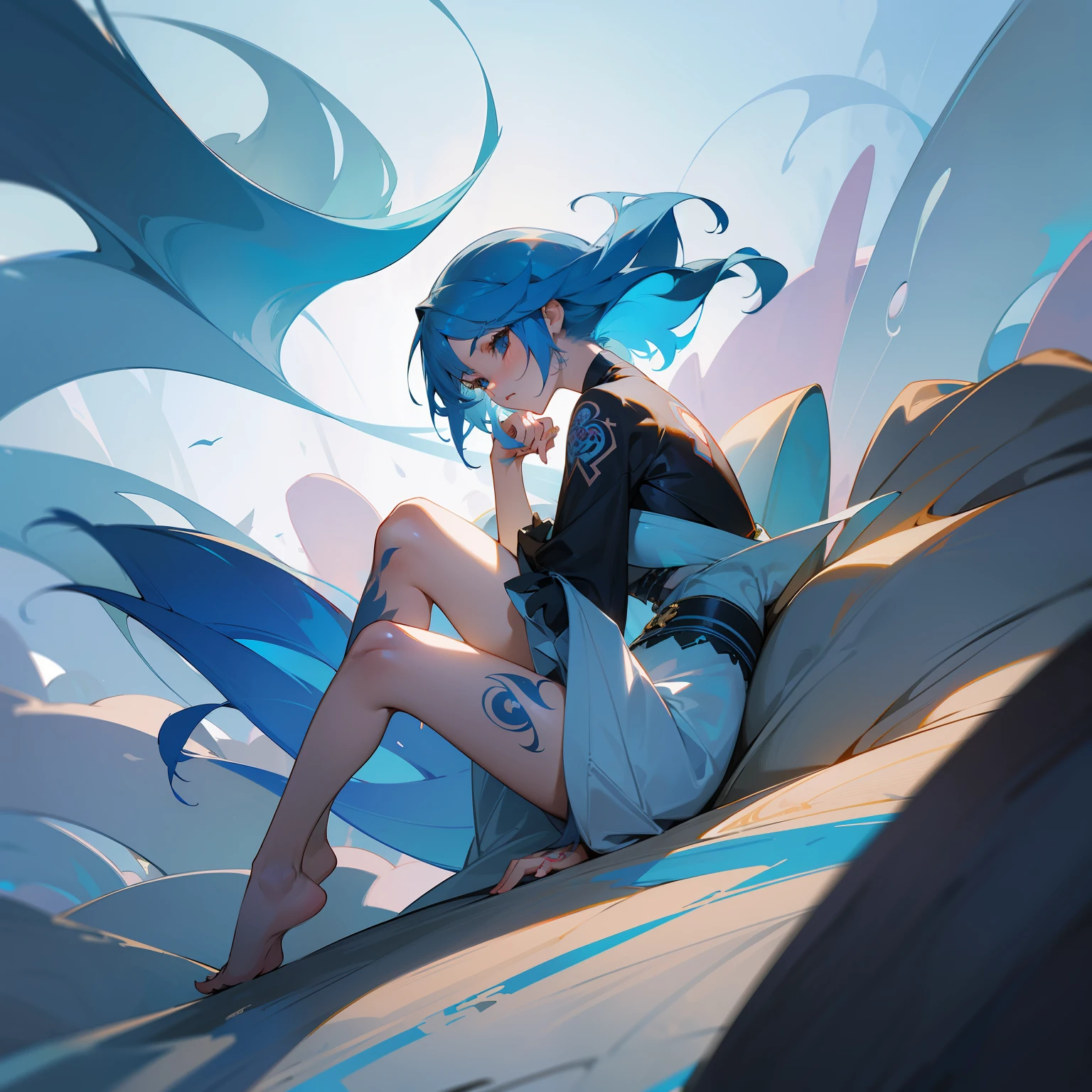 Ultra-high definition 2D art, close-up (1 woman), light blue hair, 2D animation style, soft and delicate depiction, attention also on her full-body tattoos (full-body art), landscape mode, masterpieces by Guweiz and James Jean, tattoo expert designs by CGSCOSITY, etc. A beautiful blue-haired girl who became a hot topic at the trend art station of Japan.