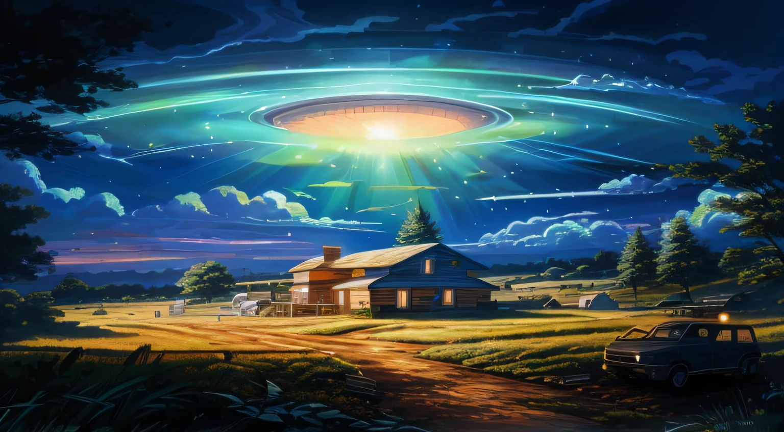 Painting of a house in a field with a large UFO saucer hovering above it, ufology, UFO Abduction, Ilustraciones de fondo, Alien mothership in the sky, extraterrestrial paradise, Alien Abduction, Ataque OVNI, por Rob Alexander, Alien planet in the distant sky, spirits coming out of portal, Planeta anillado en el cielo