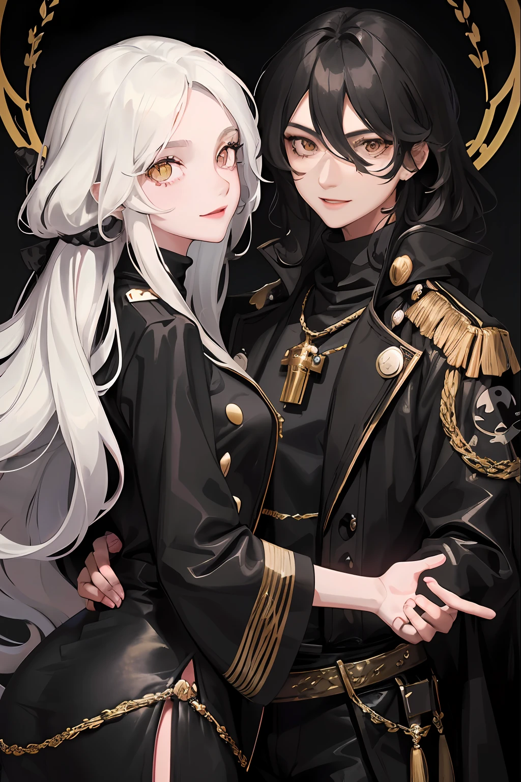 1woman and 1man, ((two people)), long wavy hair, swept bangs, golden eyes, fake smile, unnerving smile, black turtleneck, pirate coat, dark sky, pretty eyes