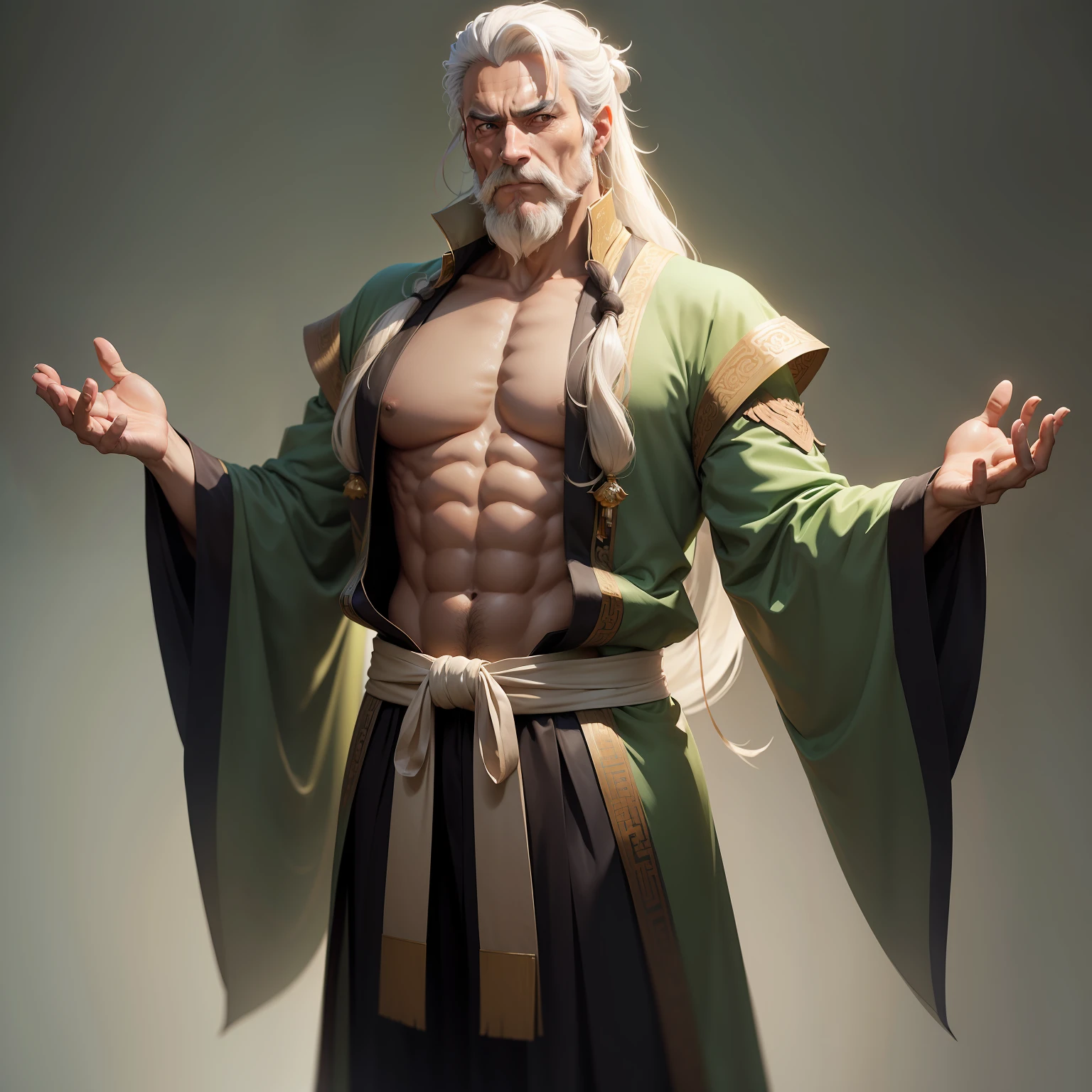 A middle-aged man, approximately 50 years old, dressed in a loose moss green robe stands before us, He has long hair white and a thin , and his serene expression reveals wisdom, This character design is reminiscent of Chinese martial arts heroes in Japanese anime, with finely craftedaracter design and a mature artistic style, ((character concept art)), full body character drawing, r his shirt was open to reveal his abdomen and chest