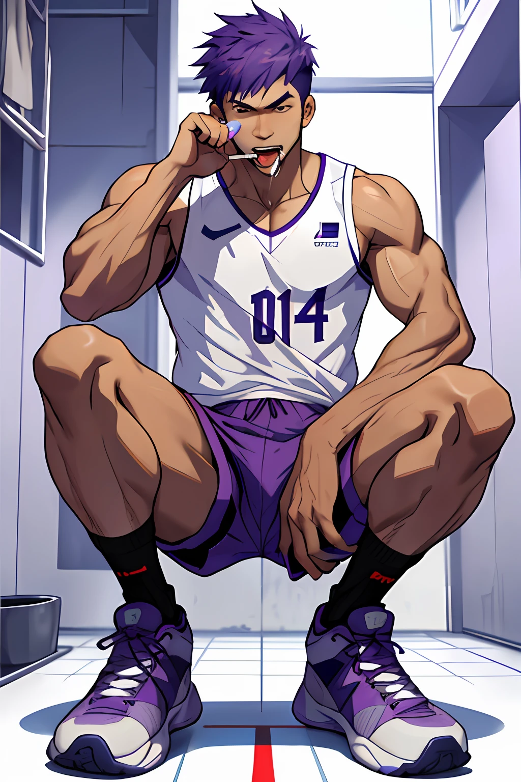 abstract backgrounds，1boy，lewd poses，dynamite，Toilets，Wear only basketball shoes，Wear only purple panties，cum shots，NSFW，Lick the lollipop，Be red in the face，perspire