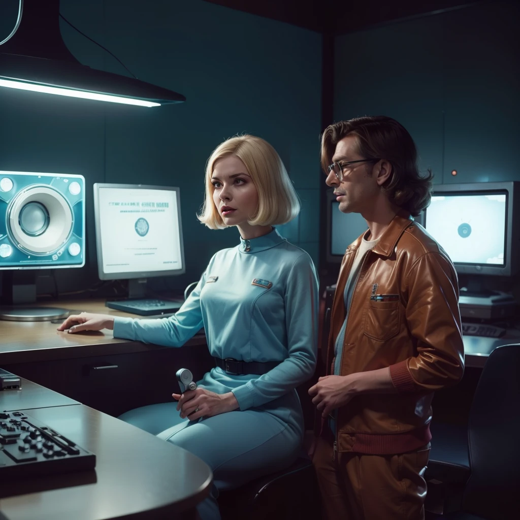 4k image from a 1960s science fiction film, Imagem do filme de Wes Anderson, pastels colors, A man and a woman are wearing retro-futuristic fashion clothes and alien futuristic technological ornaments and devices at work, Luz Natural, cinemactic, Psicodelia, retro-futurista,
