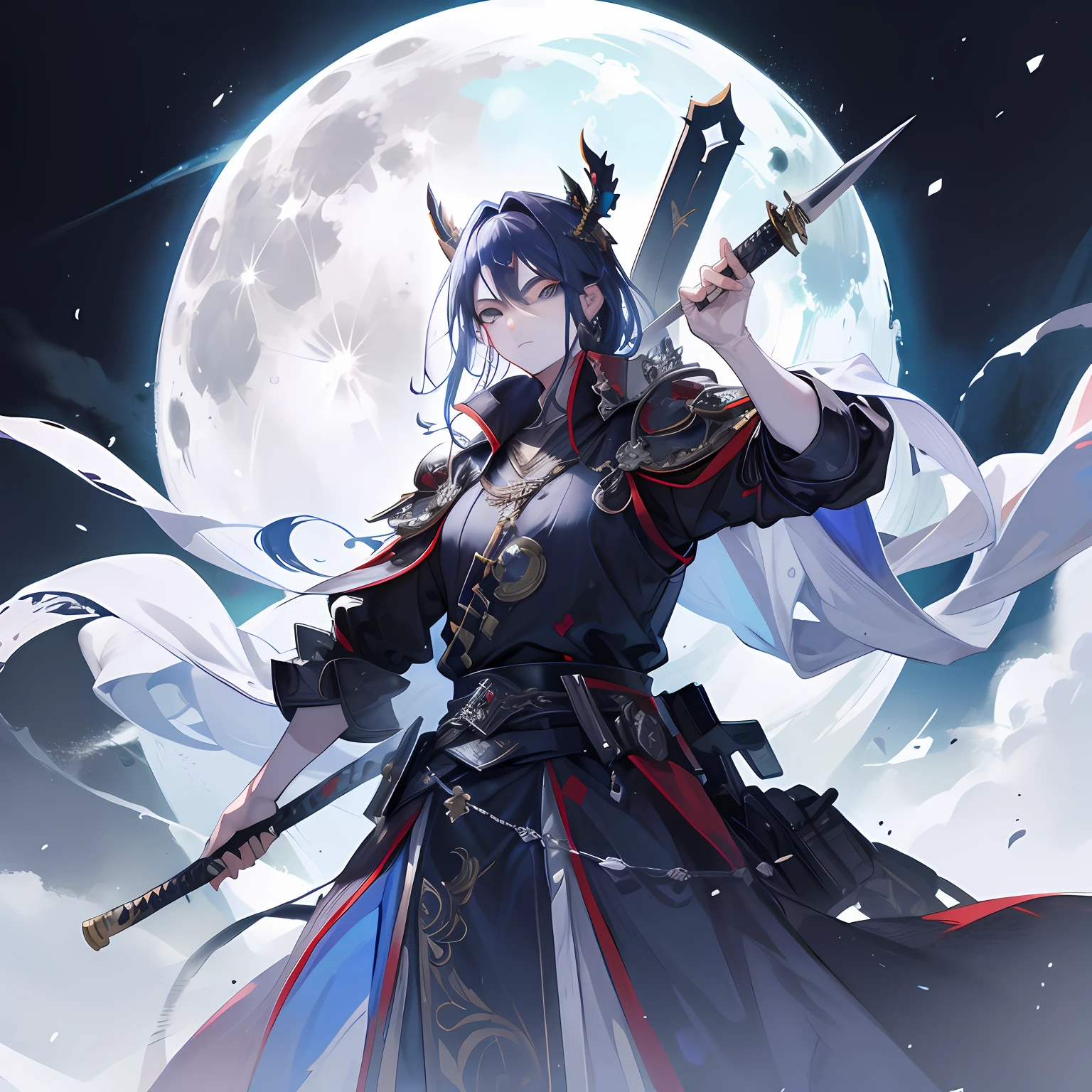 The character is the emperor who rules the world,The eyes are shining,Looking to the future in a daze,Hold only one long sword in both hands,The background is a full moon night