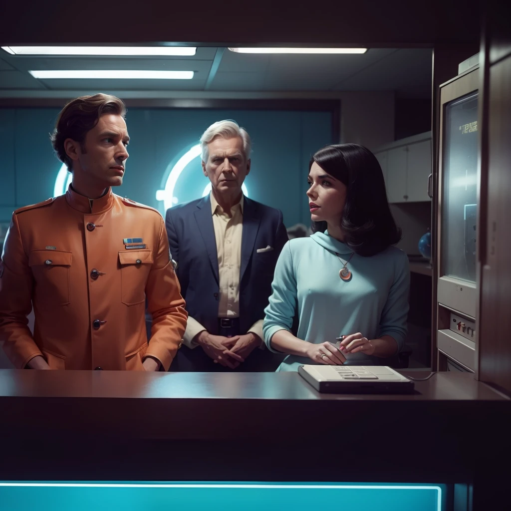 4k image from a 1960s science fiction film, Imagem do filme de Wes Anderson, pastels colors, A man and a woman are wearing retro-futuristic fashion clothes and alien futuristic technological ornaments and devices at work, Luz Natural, cinemactic, Psicodelia, retro-futurista,