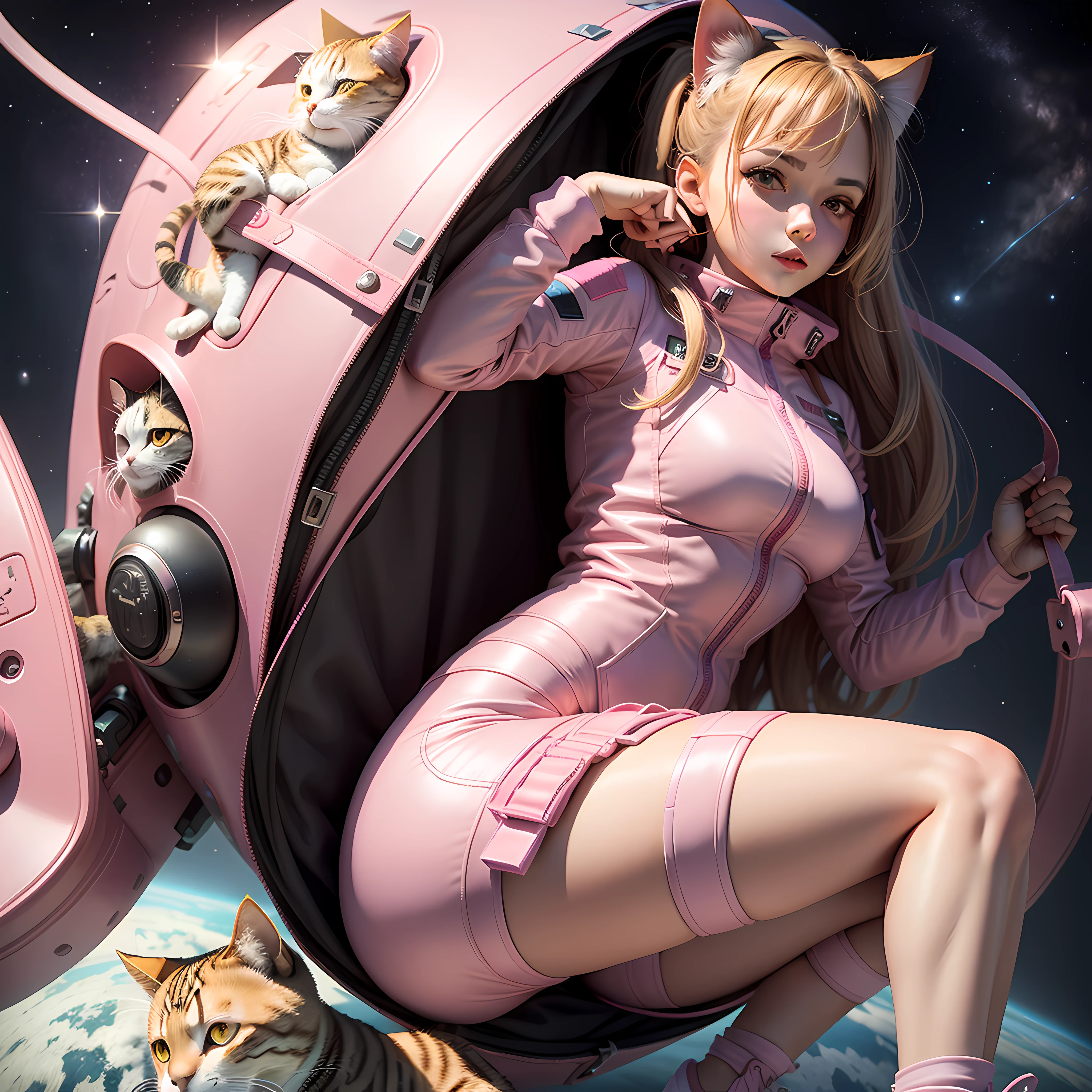 Draw a cat in a beautiful pink spacesuit in a realistic way with a full shot
