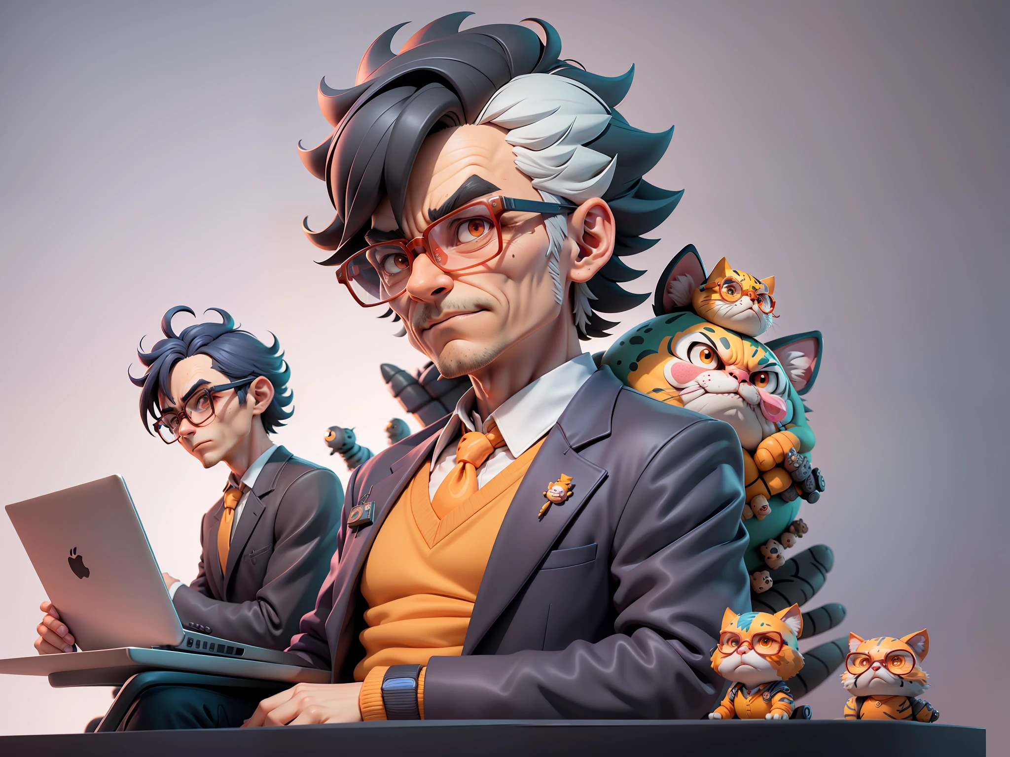 A young man in a suit, Short hair and glasses sat at his desk，holding laptop，digitial painting，tigre，3D character design by Mark Clairen and Pixar and Hayao Miyazaki and Akira Toriyama，4K HD illustration，Very detailed facial features and cartoon-style visuals。