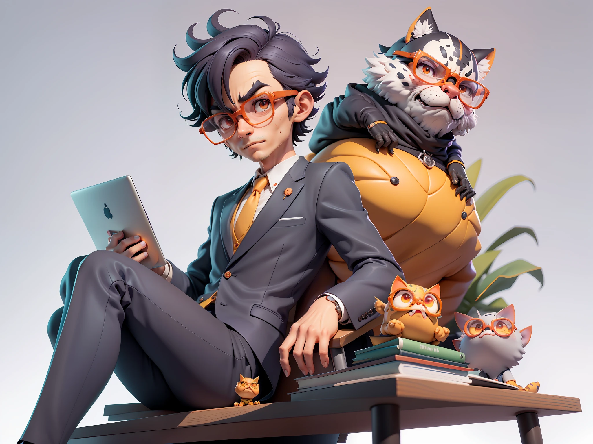 A young man in a suit, Short hair and glasses sat at his desk,holding laptop,digitial painting,tigre,3D character design by Mark Clairen and Pixar and Hayao Miyazaki and Akira Toriyama,4K HD illustration,Very detailed facial features and cartoon-style visuals。