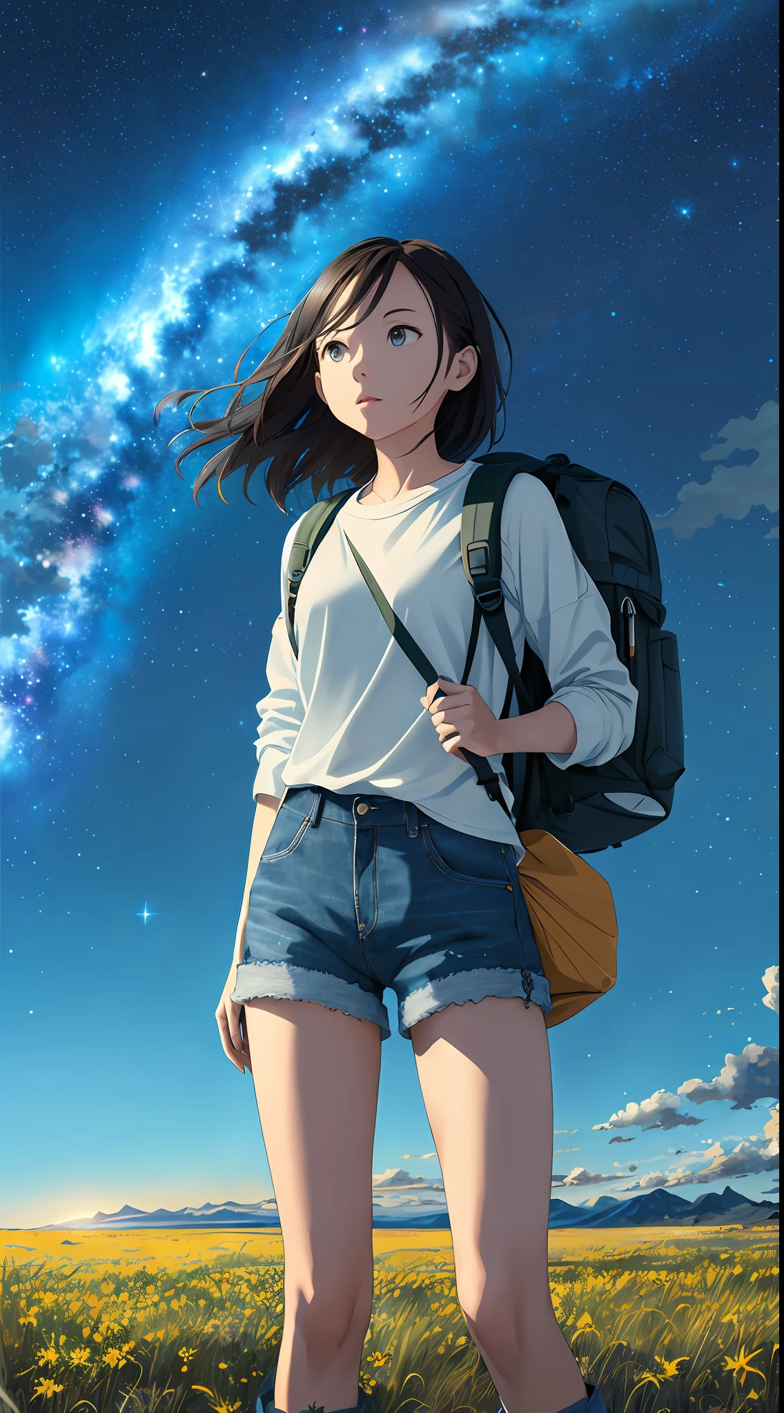 The vast sky, beautiful skyline, large grasslands, extremely tense and dramatic pictures, moving visual effects, high hanging Polaris, colorful natural glare. A girl in a long-sleeved top and denim shorts with a side backpack
