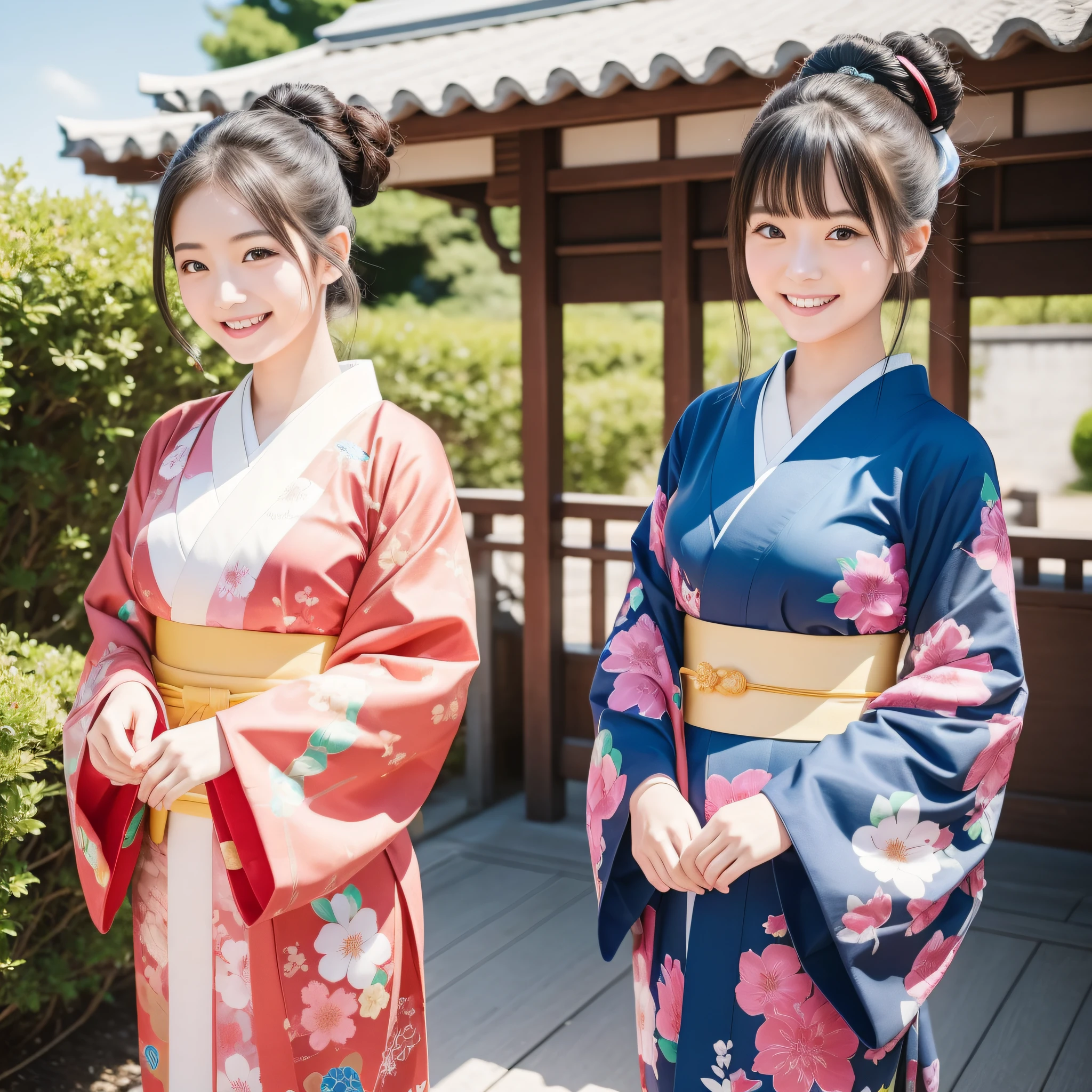 Adorably Kawaii Style of a 20-year-old Woman, Dressed in an Exquisite Traditional Kimono, With a Bright Beaming Smile, Embracing Japanese Cultural Heritage, Enjoying a Beautiful Sunny Afternoon, Under a Clear Blue Sky, Radiating Joy and Happiness, Standing Confidently and Gracefully
