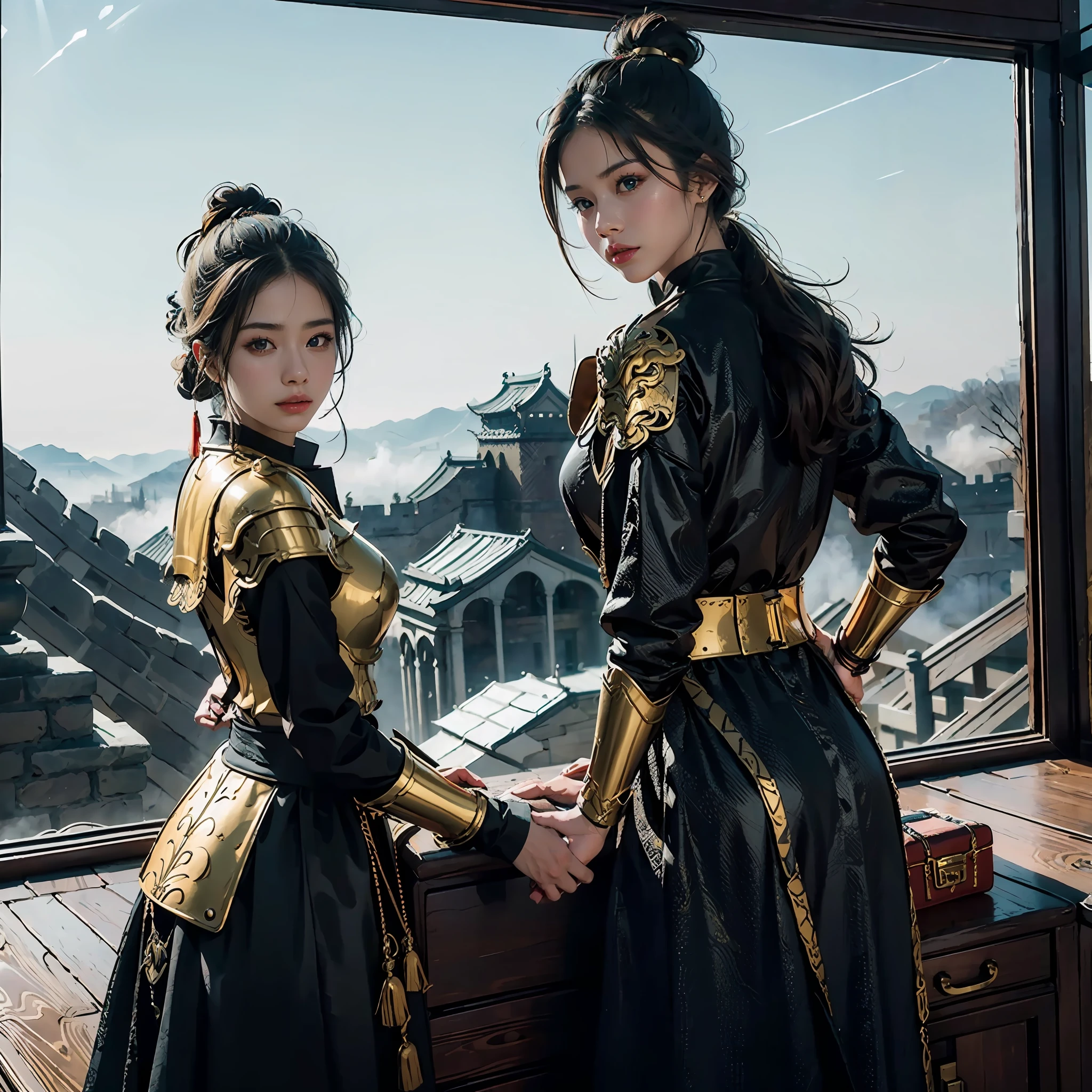 in a panoramic view,photorealestic,Modern style,Blue sky, the great wall,3girl,Dressed in gorgeous golden Chinese armor,Golden helmet,Riding three black war horses,holding sabre,Stand in front of the Great Wall,Sharp eyes,professinal,Meistwick,commissioned,best qualtiy,color corrected,After fixation,Retouching,Improvement,Epic,Tone-mapping,the detail, highly detailed, digitial painting, art stations, Conceptual map of the long dam, Smoothness, Sharp focus, Beautiful illustration, photore, The light from the back window is backlighted, 动态照明, Mist, 复杂, cinematic grain, professinal, face to the viewer,(Beautiful m3d_woman, Perfect M3D_face,), Volumetriclighting, subsurfacescattering, Good highlights, Good shadows, cinematic ligh