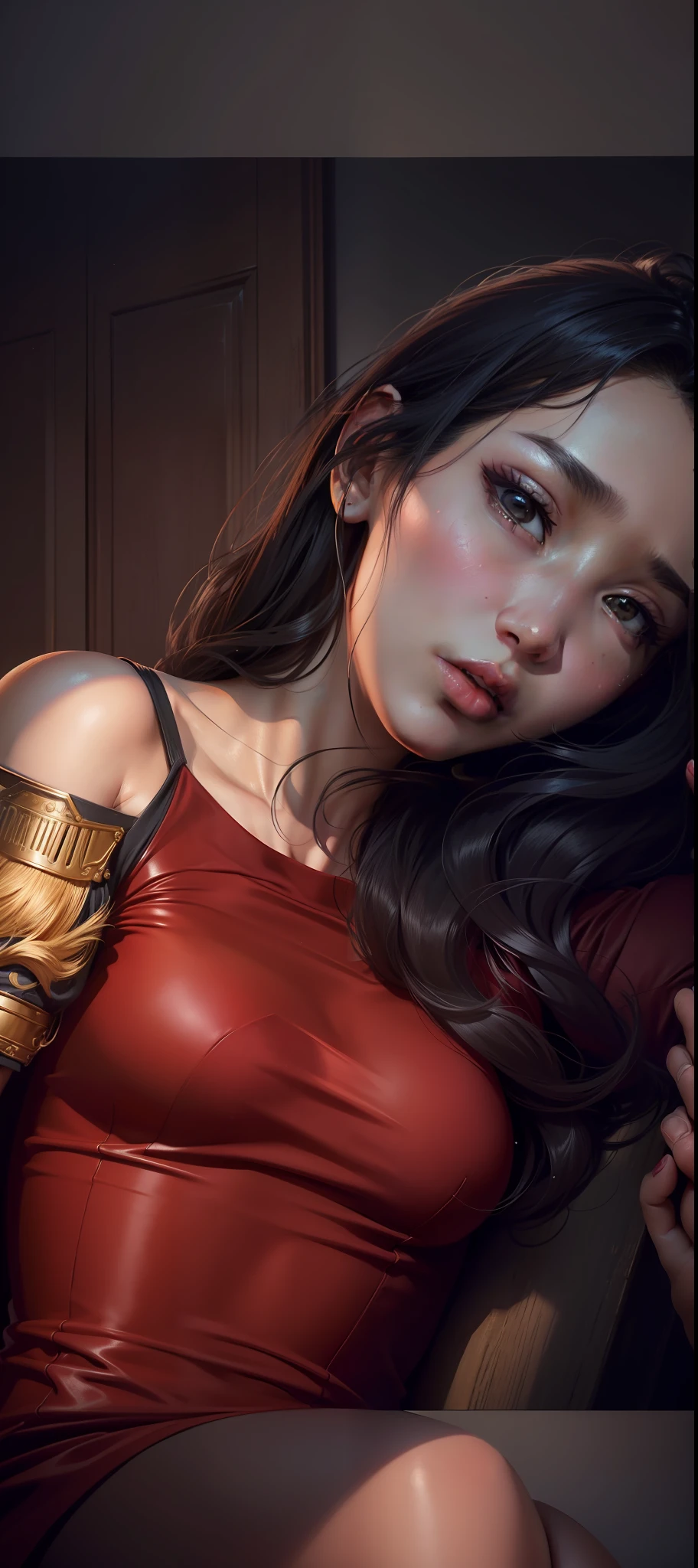 Ace, 4k, High Resolution, Masterpiece, Best Quality, Head: 1.3, (Korean K-pop Idol), Fine Skin, Sharp Focus, (Cinema Lighting), Clavicle, Morning, Soft Light, Dynamic Angle, [: (detailed face:1.2):0.2], armpit wrinkles, thigh gap, red dress, slim, mid-chest, cleavage,