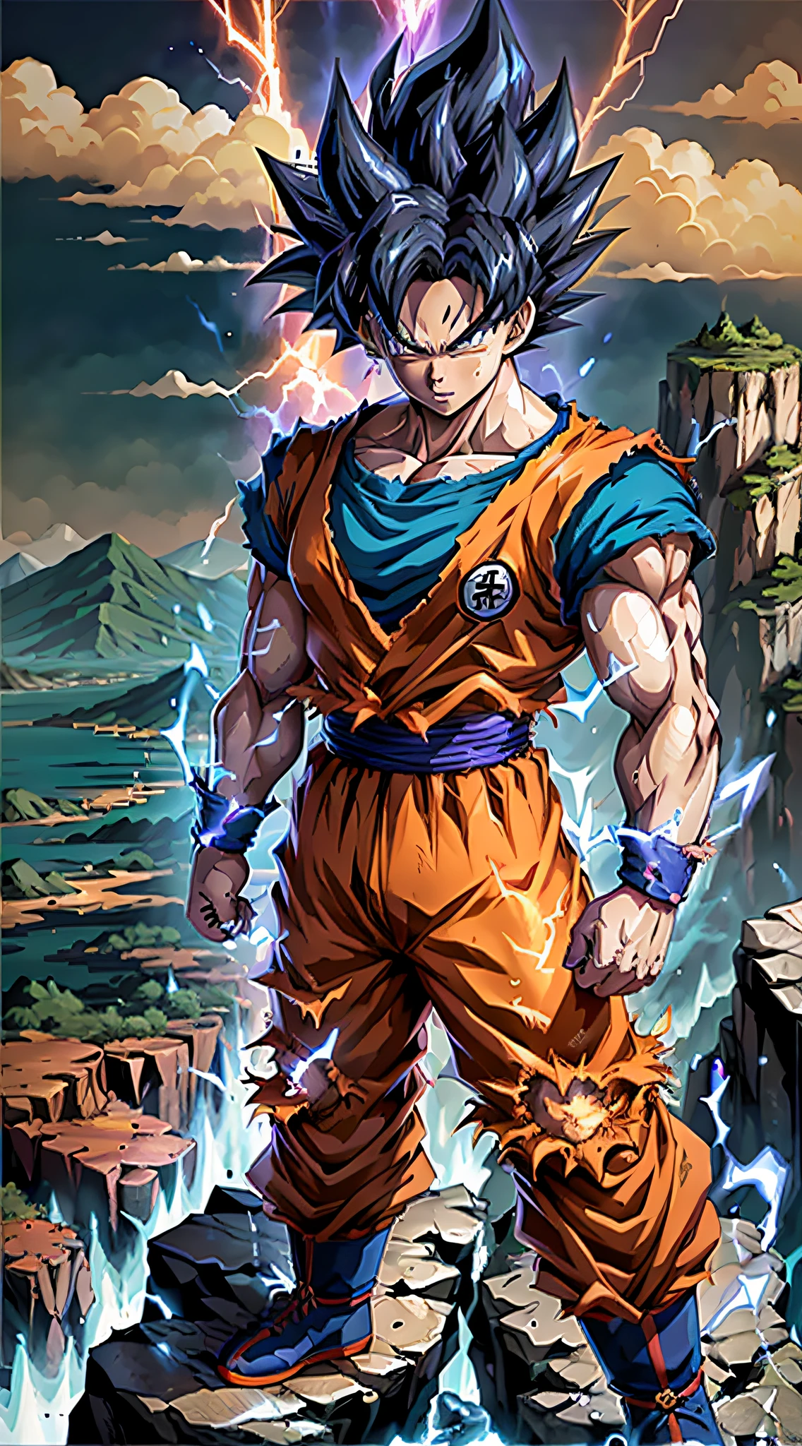 Super Saiyan Goku unleashes a massive energy wave while standing on top of a mountain, the surroundings are filled with lush greenery, and the sky is a mix of orange and purple hues. The energy wave is bright blue with electric sparks around it. (anime:1.2), (dramatic lighting:1.1), (vibrant colors:1.3), (cell-shaded:1.1), (dynamic composition:1.2)