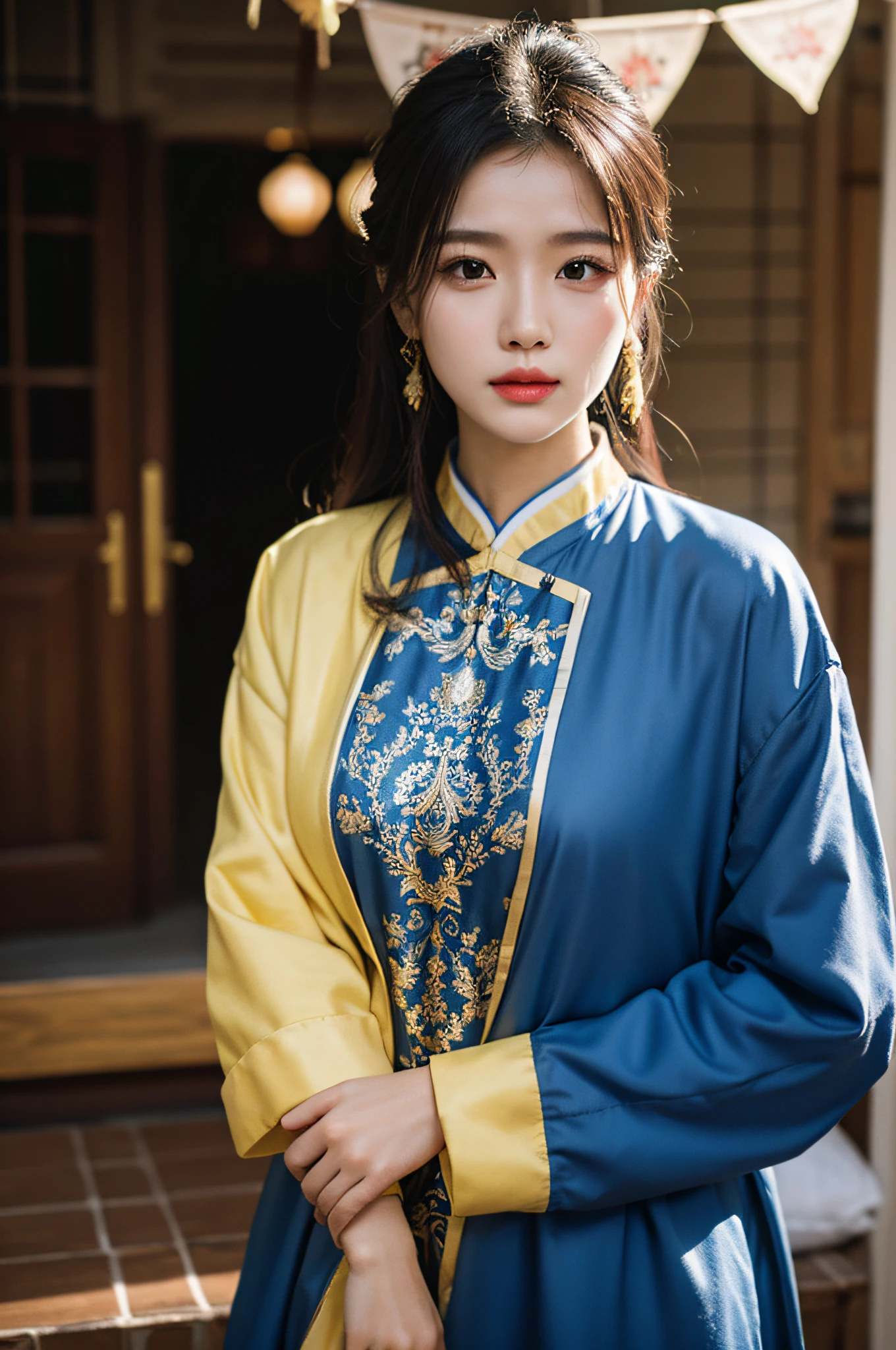 （Hyperrealistic,）8K,35mm，hyper-high detail, Professional lighting, Best quality, 超高分辨率, Visually stunning, (1girll:1.1), （Uyghur clothing 1.2）,realskin,（Perfect body 1.3）（Ultra-delicate face）Uyghur