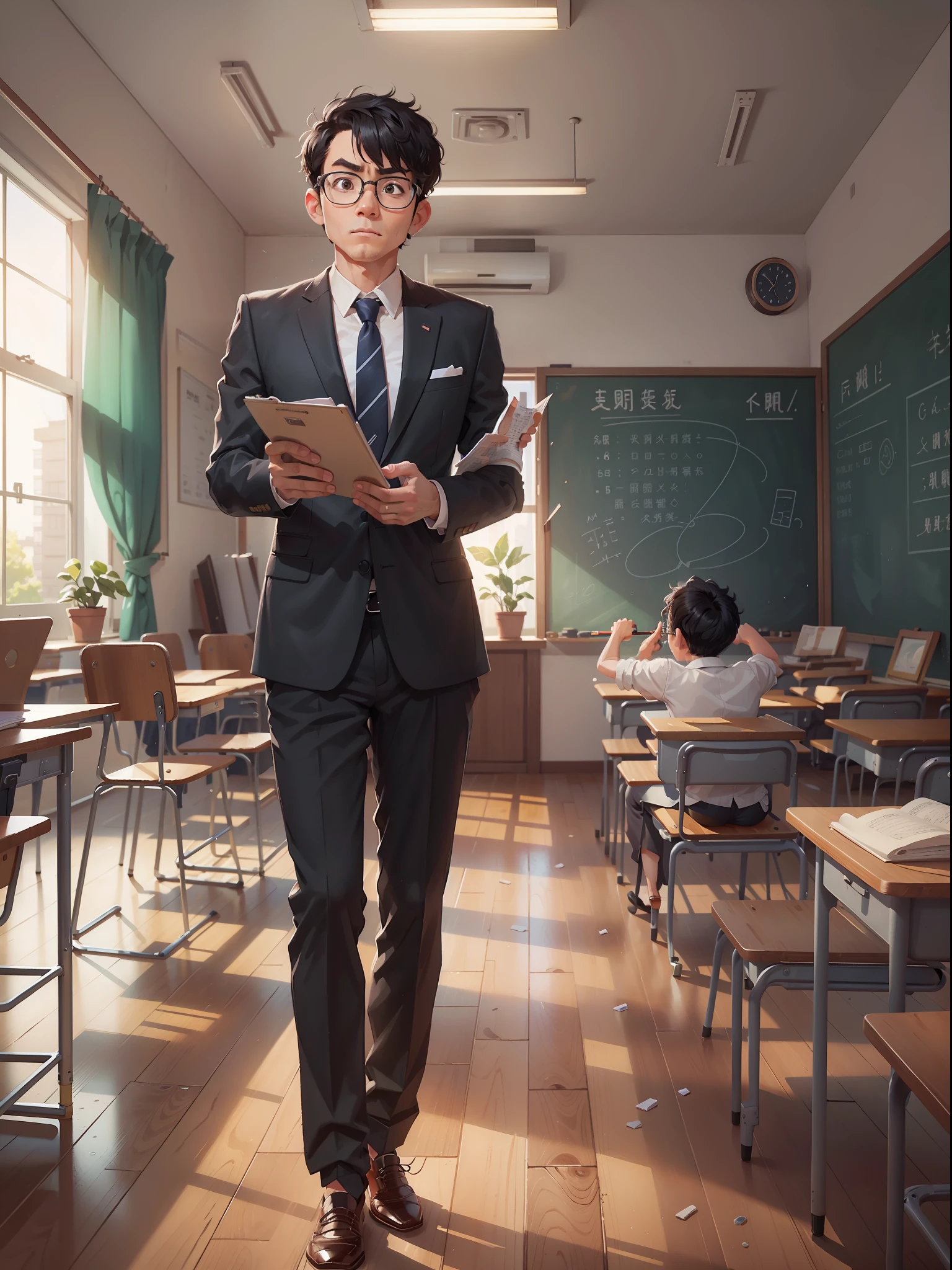 Classroom,1 man,Teachers,Business suit,eye glass,with short black hair,The expression is serious,standing on your feet,The is very detailed,best qualtiy,4K,Chinese characters