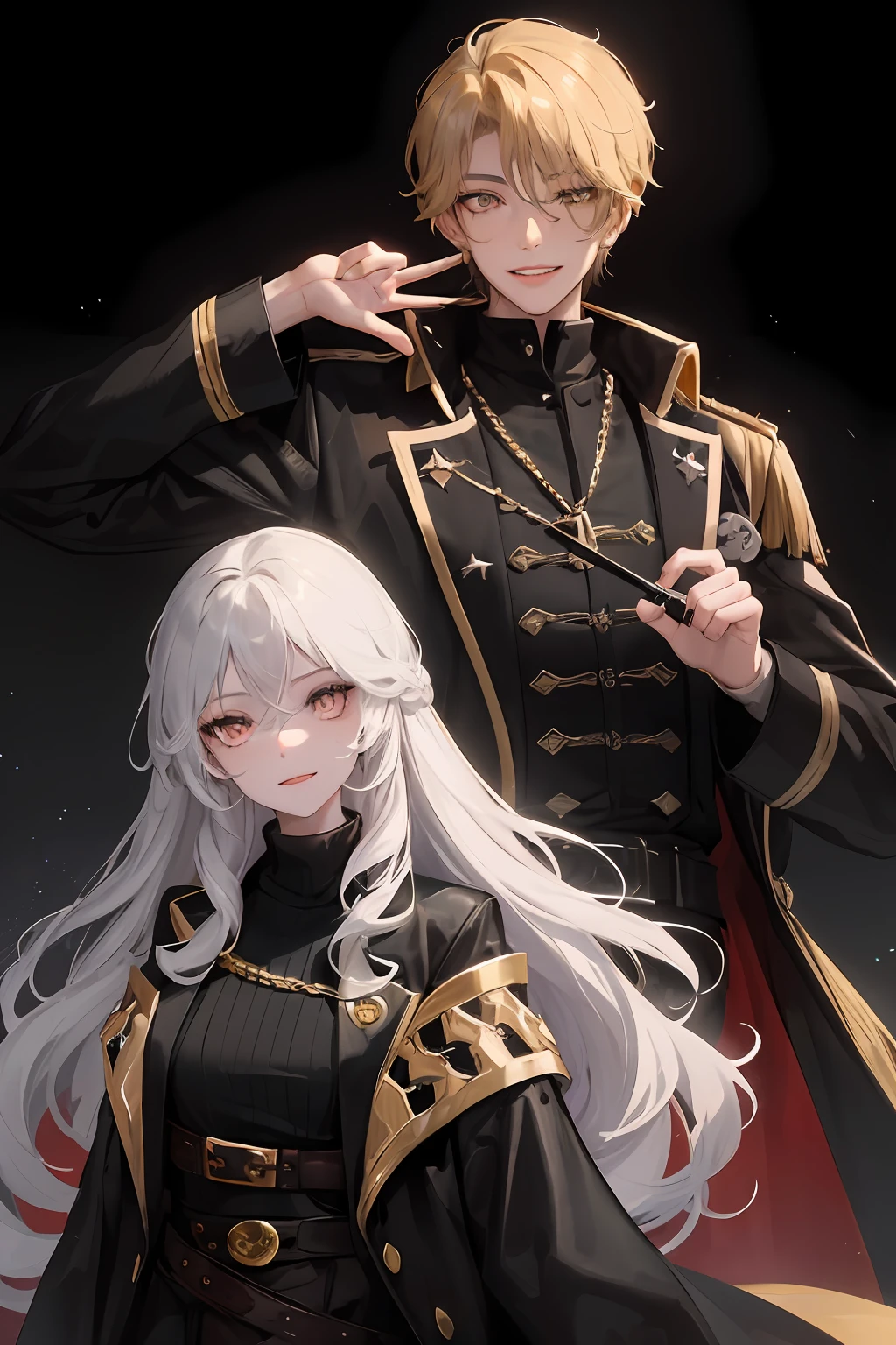 1woman and 1man, ((two people)), long wavy hair, swept bangs, golden eyes, fake smile, unnerving smile, black turtleneck, pirate coat, dark sky, pretty eyes