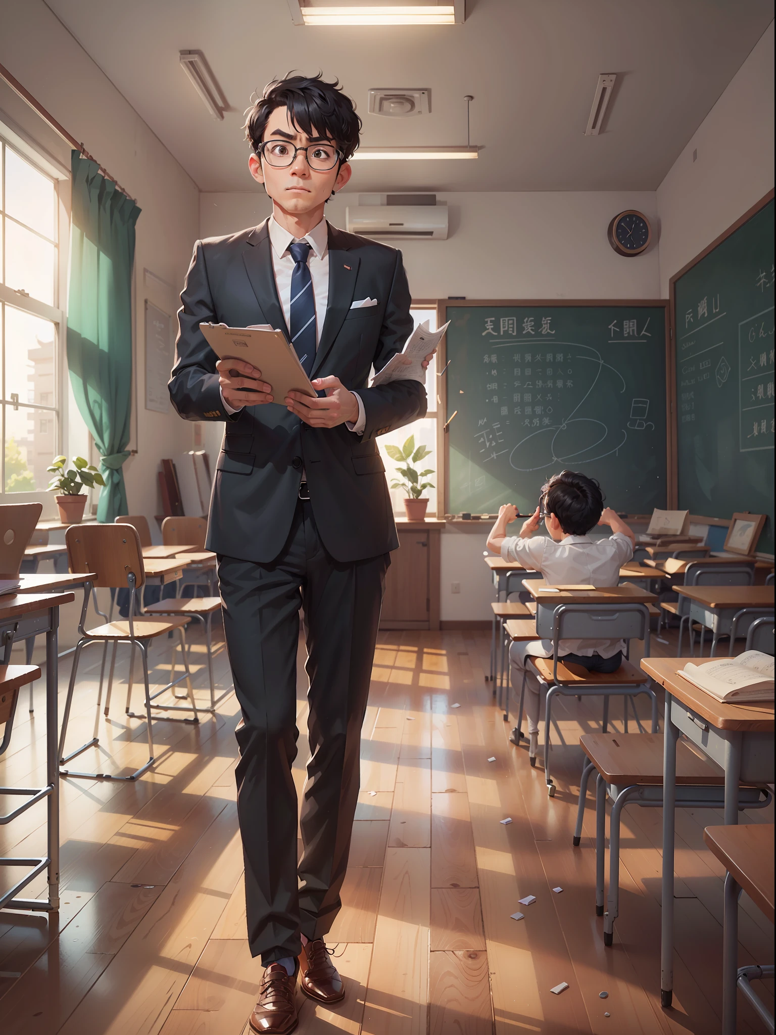 ‎Classroom，1 man，Teachers，Business suit，eye glass，with short black hair，The expression is serious，standing on your feet，The is very detailed，best qualtiy，4K，Chinese characters