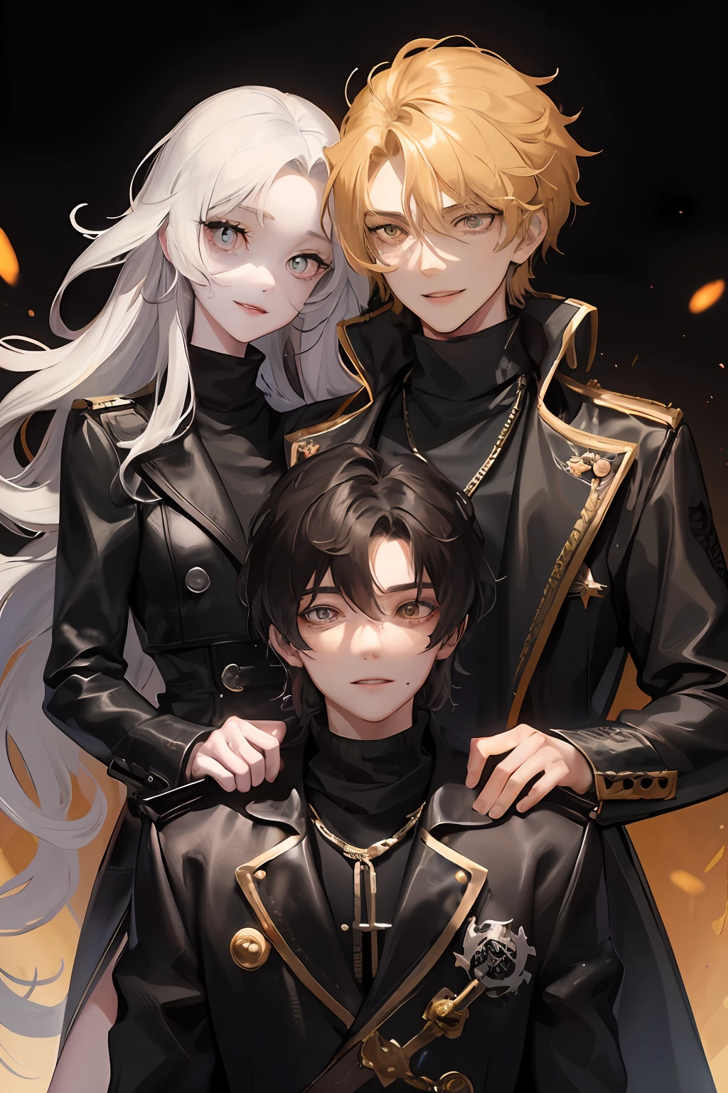 1woman and 1man, ((two people)), long wavy hair, swept bangs, golden eyes, fake smile, unnerving smile, black turtleneck, pirate coat, dark sky, pretty eyes