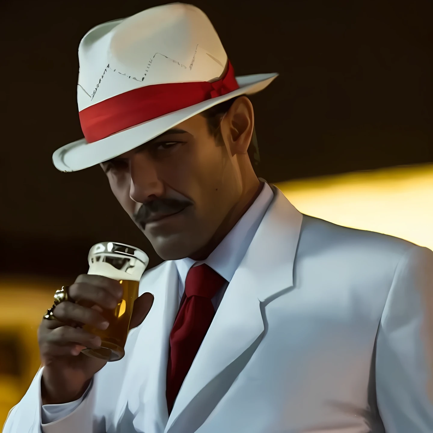 There's a man's mustachioed monkey in a white suit and red tie holding a beer, white suit and hat, imagem de perfil, foto do perfil, Gorjetando seu fedora, homem bonito, a suited man in a hat, com uma bebida, se segurando uma bebida