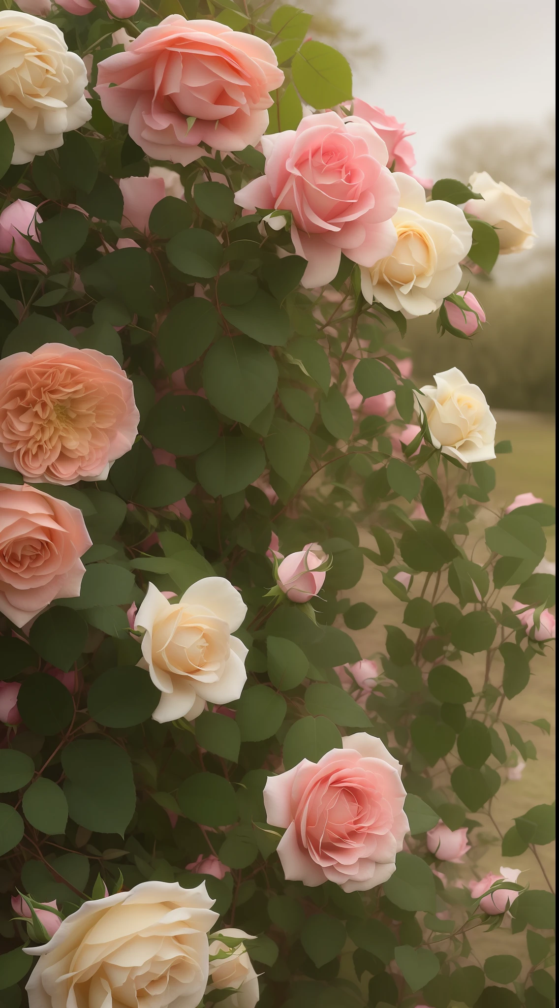 A clump of pink roses grows in the garden, rose twining, Rose garden, rose-brambles, Inspired by Charlotte Nasmyth, rosa bonheurn, staggering in its beauty, rosette, Incredibly beautiful, Inspired by Anne Ross Lane, crown of peach roses, draped in fleshy green and pink, Inspired by Barbara Nasmyth, with soft bushes