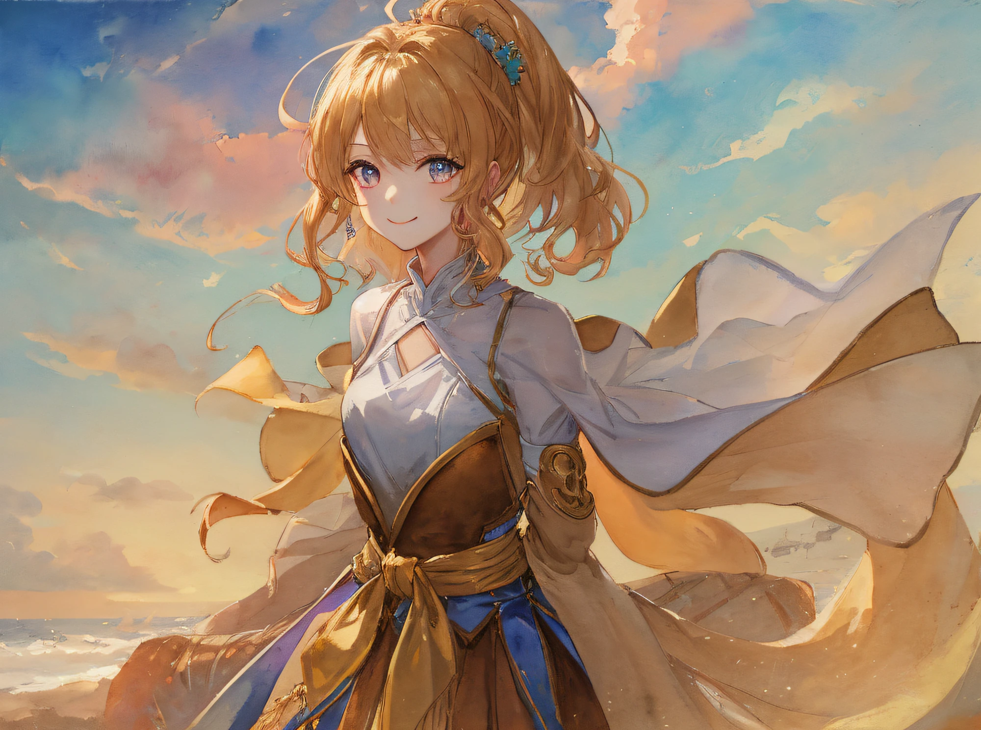 hyper detailed illustration ,superfine illustration, ((((masterpiece)))), High quality, very_high_resolution, Large_filesize, fulcolor ,Very cute and beautiful girl,Very cute and beautiful anime face and eyes, Very delicate eyes,eye shadow,Female, 年轻,20 years old, poneyTail、Medium hair、Solo, 1 girl, Transparent skin ,head to waist,Gradient Hair(golden colored pinkcolor)、Natural smile, small tits、Onepiece, arms behind back, watercolor paiting、Beautiful background,Fantastic background、mare、the beach
