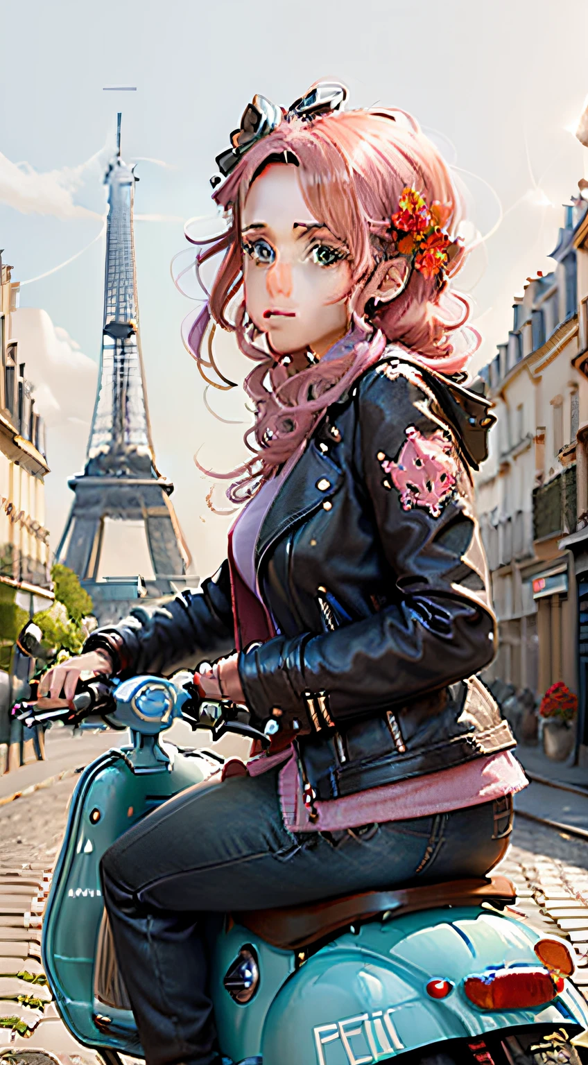 (Artistic style,Street view of Paris,Eiffel Tower,Old European-style building,flower pots,Red flowers,pink flower,Cobblestone pavement,Stylish resident,visitor,Cafe in Paris,The sun shines,Romantic depictions,Decorative elements,Vespa motorcycles,The painter sketches the scene)