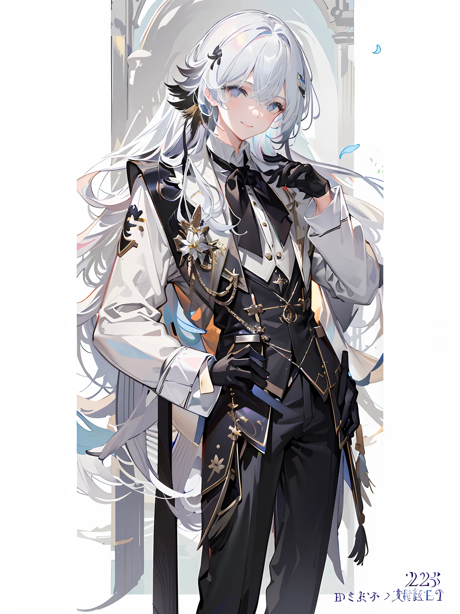 (Masterpiece), (Best quality), full bodyesbian,Simple background,
1 handsome boy, schoolboy！Shiny hair,Black color hair,feathers hair ornament,White suit, ,Light smile,full_Moon(crow)),Chain gloves black（There are flowers on it）Behind him are only white falling flowers and black birds。There should be no frame behind the light and shadow enhancement