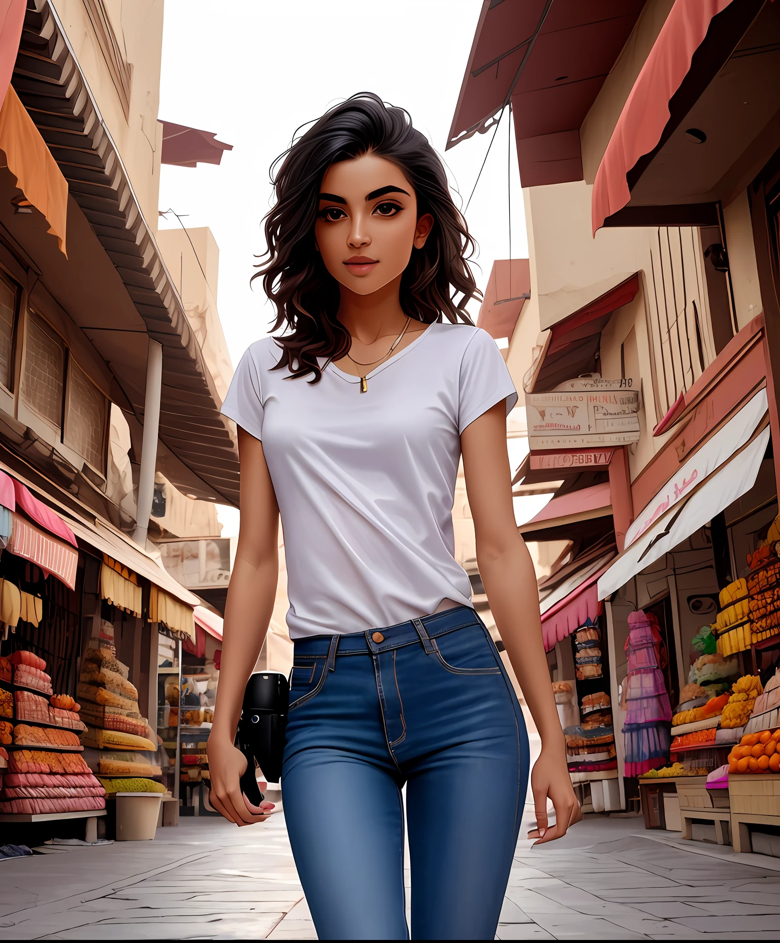 hyper-realistic photo of cute Middle-Eastern Tomboy in front of Arabian market, wearing basic tee-shirt, black round neck plain Tee-shirt, skinny jeans, heel's, holding a DSLR camera, black hair with orange highlights,cluttered,ombre hair ,Arabian nights,Agrabah,sultan's guards,busy street, shot on Canon EOS,30mm, medium breast, toned body