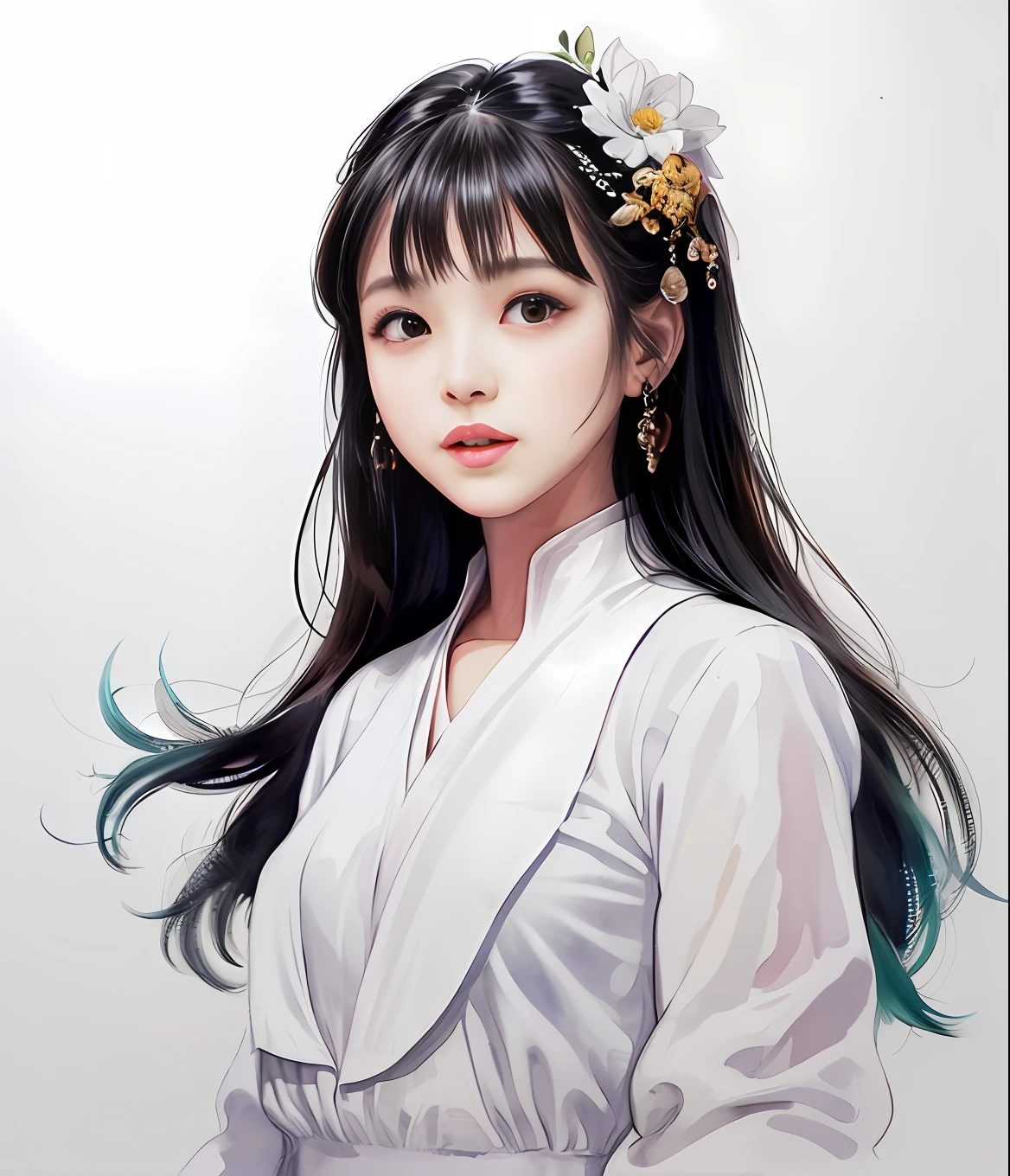 stechu,(white background:1.4), ((tachi-e)), original,(illustration:1.1),(best quality),(masterpiece:1.1),(extremely detailed CG unity 8k wallpaper:1.1), (colorful:0.9),(panorama shot:1.4),(solo:1.2), (ink splashing),(color splashing),((watercolor)), clear sharp focus,{ 1girl standing },((korean style )),flower background,outdoors,rocks, looking at viewer, make happy expressions,soft smile,pure,beautyfull detailed face and eyes,beautyfull intricacy clothing decorative pattern details, black hair,black eyes,colorwater