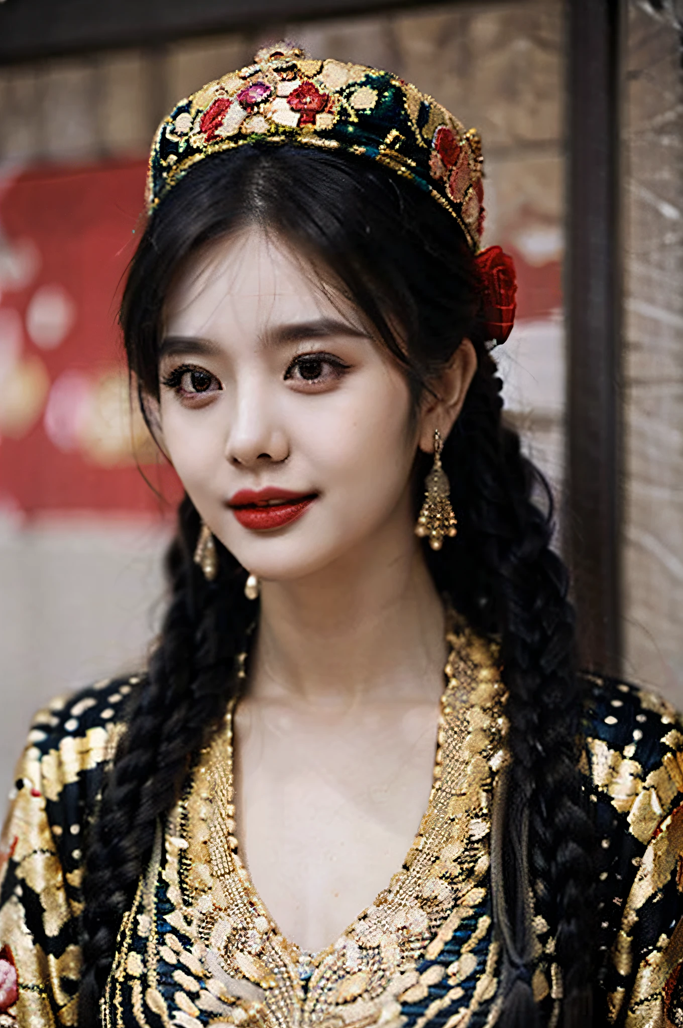 （Hyperrealistic,）8K,35mm，hyper-high detail, Professional lighting, Best quality, 超高分辨率, Visually stunning, (1girll:1.1), （Uyghur clothing 1.2）,realskin,（Perfect body 1.3）（Ultra-delicate face）Uyghur1.2