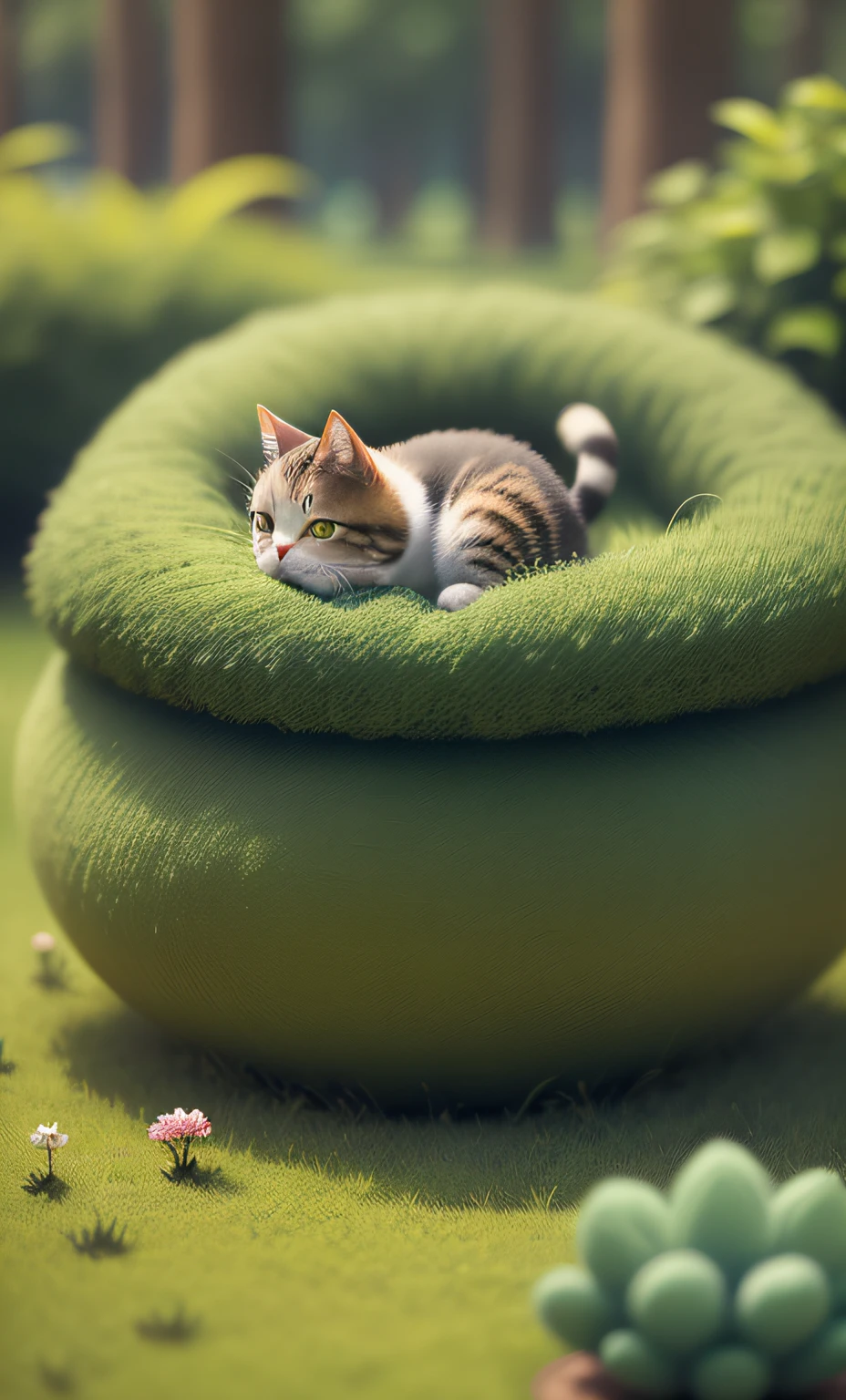 A cute cat in a park full of plants，at a forest，catss，Furry style，Felt style，Very noticeable felt texture，Soft and round form，The blender simulates felt style，C4D simulation felt style，Wool for birds and flowers