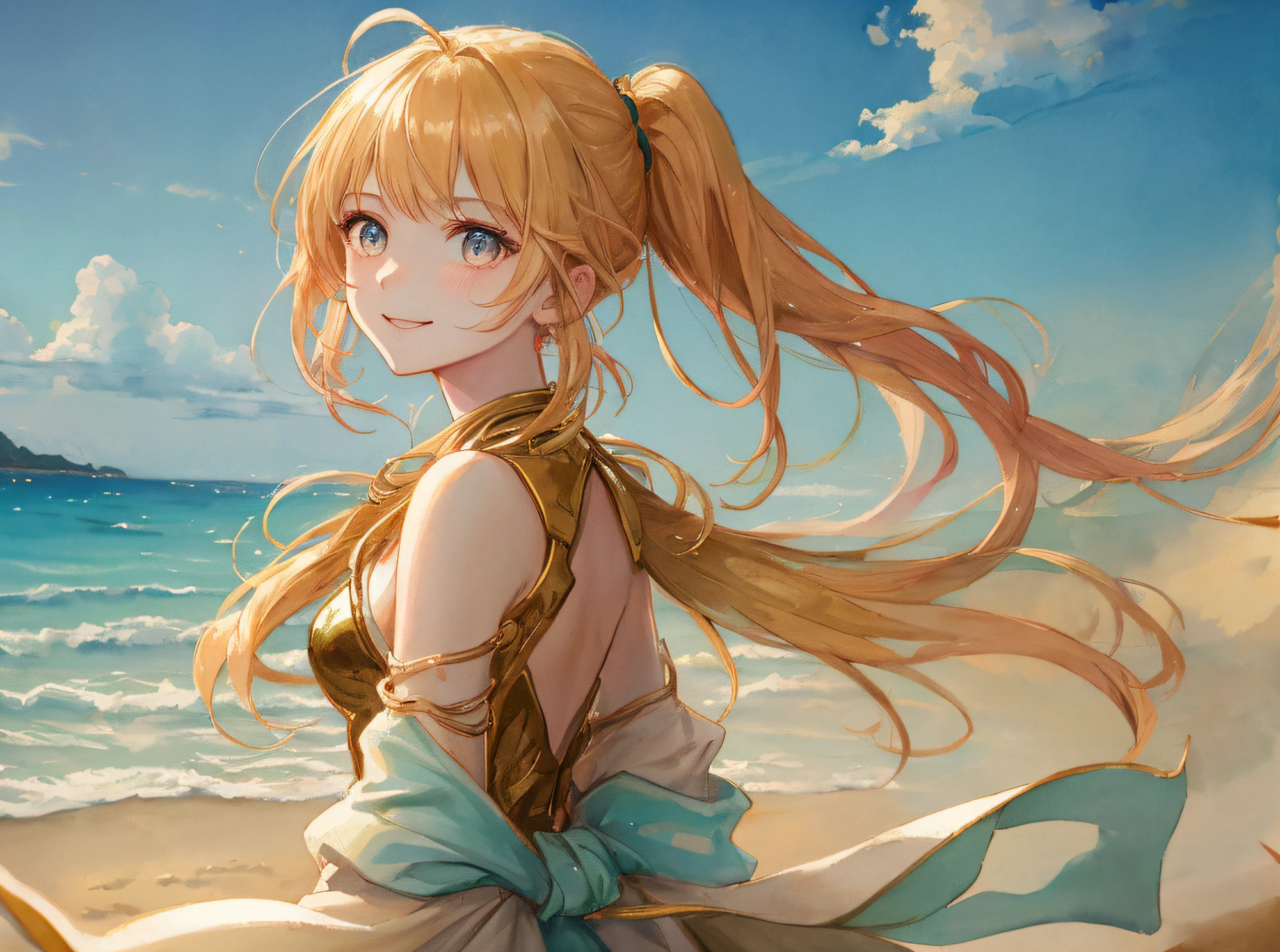 hyper detailed illustration ,superfine illustration, ((((​masterpiece)))), High quality, very_high_resolution, Large_filesize, fulcolor ,Very cute and beautiful girl,Very cute and beautiful anime face and eyes, Very delicate eyes,eye shadow,Female, 年轻,20 years old, poneyTail、Medium hair、Solo, 1 girl, Transparent skin ,head to waist,Gradient Hair(golden colored　pinkcolor)、Natural smile, small tits、Onepiece, arms behind back, watercolor paiting、Beautiful background,Fantastic background、mare、the beach
