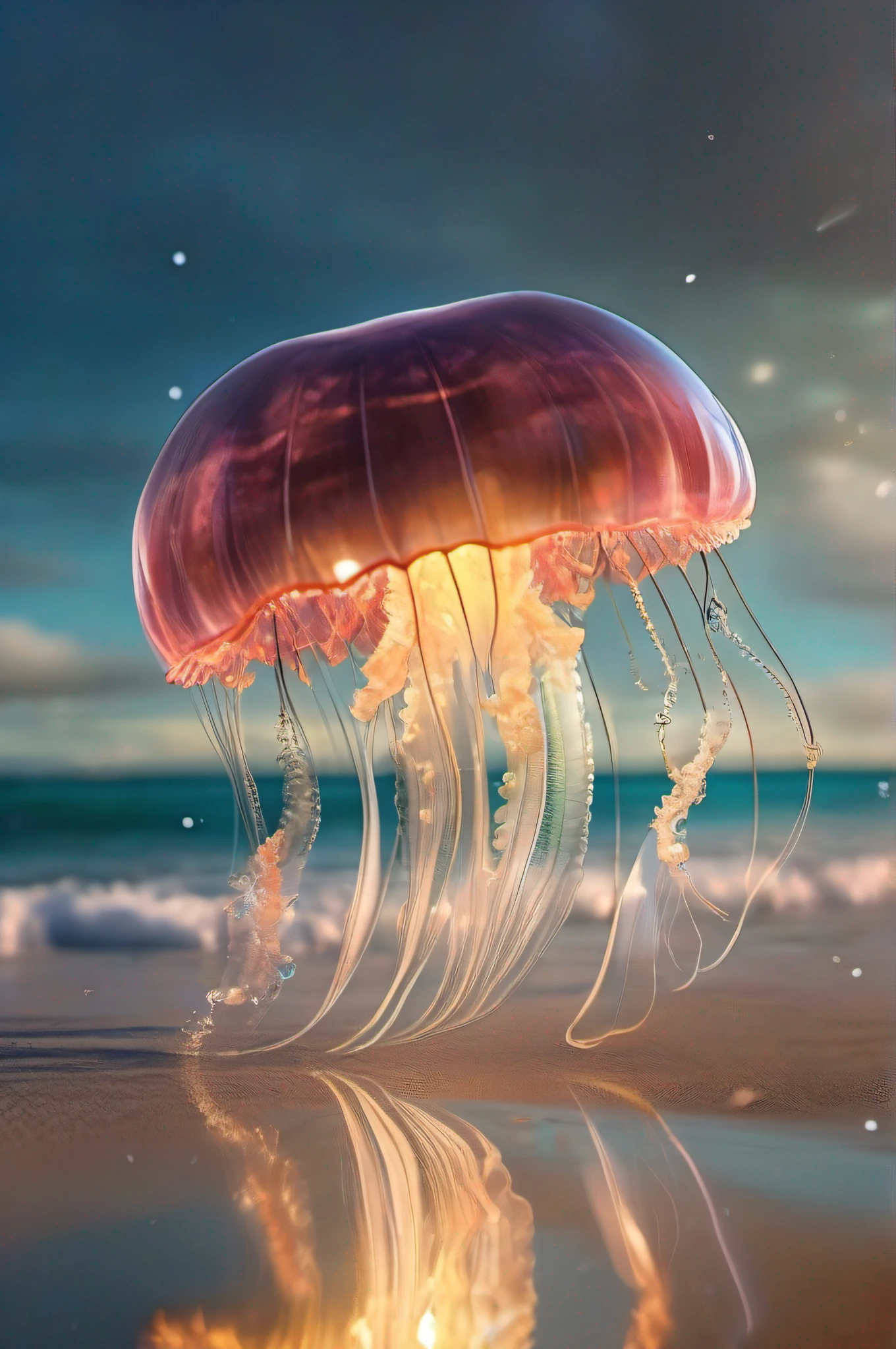 8k wallpaper,Bright style,rainbowing,Crystal clear jellyfish,sandbeach,with light glowing,rays of sunshine,