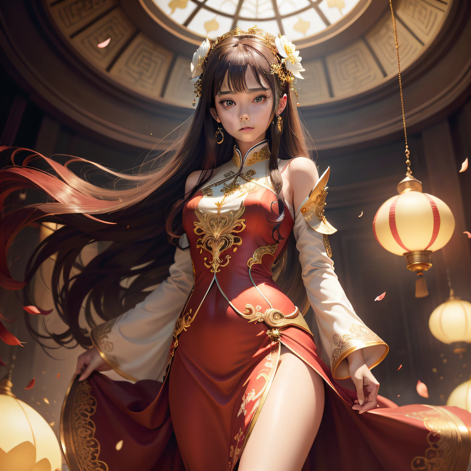 best quality, masterpiece, highres, (exquisite body:1.5),gorgeous face,(milky skin:1.3),intricate details,high resolution,wallpaper,
1girl, solo, dress, hair ornament, (((gold and red dress))), flowers, long hair, brown hair, closed mouth, jewelry, long sleeves, hand up, wide sleeves, big eyes,floating hair, chinese clothes, hanfu, embroidery, long skirt, natural pose, falling petals, indoor,fanning, lantern,
16K,HDR,highres,depth field,(film grain:1.1),boken,golden hour,(lens flare),vignette,rainbowing,(color grading:1.5)