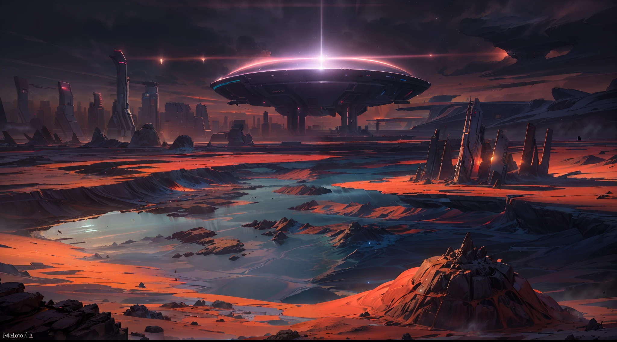 Uma foto de paisagem ampla, pan, (vista de longe, The sky is above and the open field is below), in the distance a large futuristic city on Mars, cidade cyberpunk, Spaceships fly over the city, (lua cheia: 1,2), dim sky, noite escura estrelada, (meteoro: 0,9), (nebulosa: 1,3 ), montanhas distantes , dunas de areia, (Luz Quente: 1.2), (estrelas: 1.2), Luzes, Muito Roxo e Laranja, Detalhes Intrincados, volumetric lighting BREAK (Obra-prima: 1.2), (Melhor Qualidade), (papel de parede 8k extremamente detalhado), foto realismo, octane render, NVIDIA ray tracing, 4k, Ultra Detalhado, (dynamic compositing: 1.4), Rico em Detalhes e Cor, (rainbow color: 1.2), (Brilho, Atmospheric Illumination), Sonhador, magica.