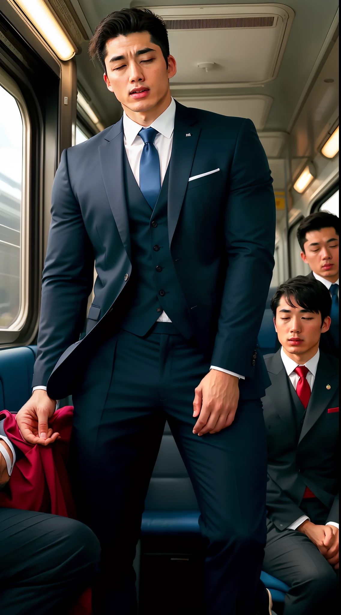 ((photo realistic)), (((one men only in the picture))), 20 years old mature beefy bulky Hiroshi sleeping in a moving train wearing formal suit, slack pants, man spreading, legs wide open, long shot from the front, very tight pants, thiccc, big thigh, visible bulge