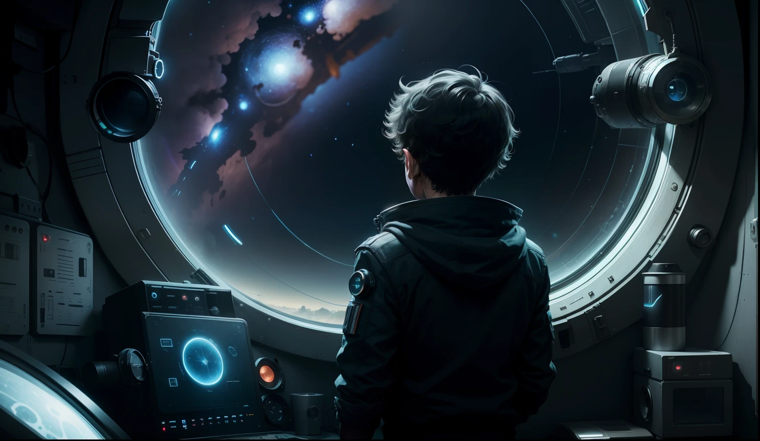 The boy looked out the porthole of the spaceship,Back shadow,atmospheric distance sense,starrysky,sci-fy,cyber punk perssonage