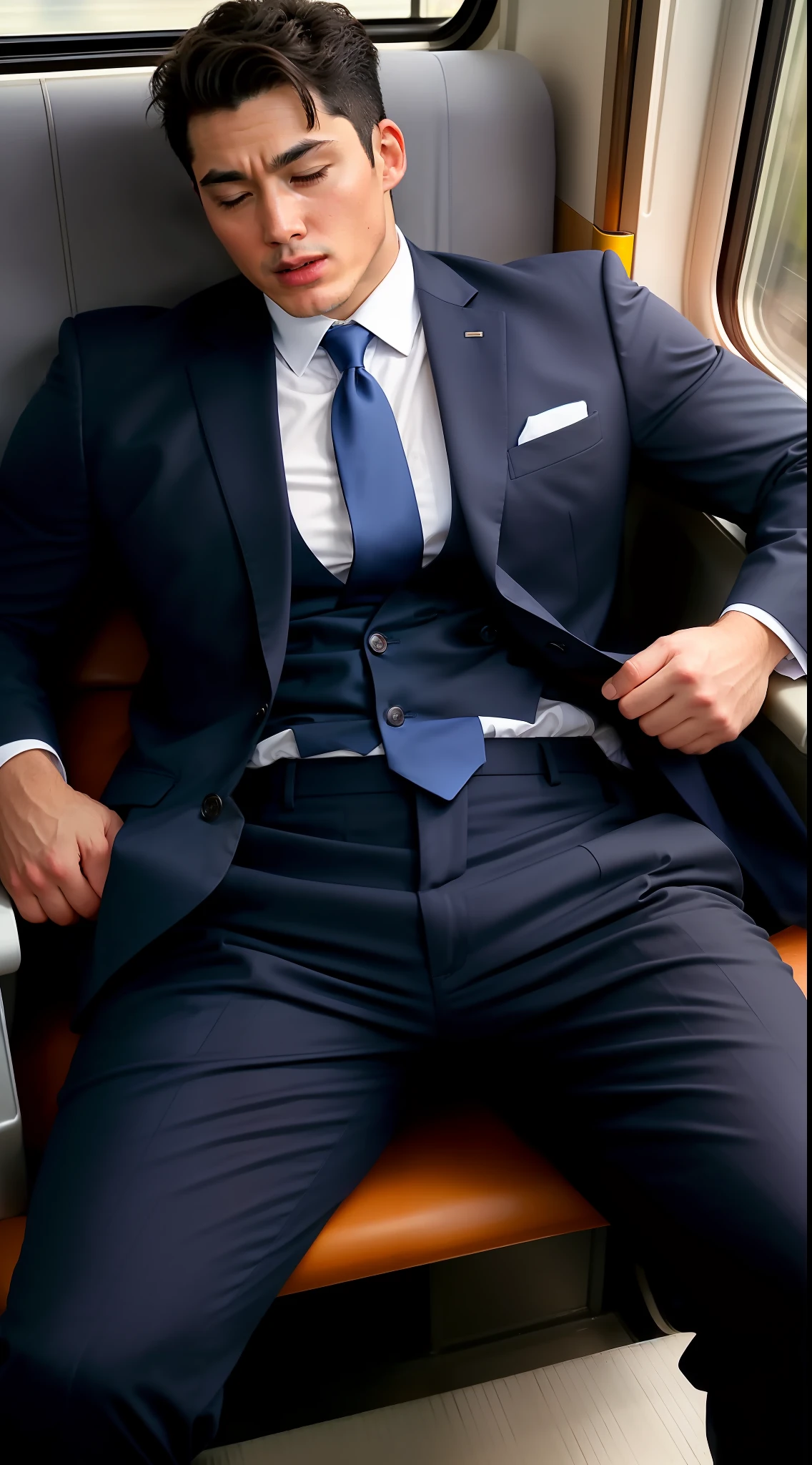 ((photo realistic)), (((one men only in the picture))), 20 years old mature beefy bulky Hiroshi sleeping in a moving train wearing formal suit, slack pants, man spreading, legs wide open, long shot from the front, very tight pants, thiccc, big thigh, visible bulge