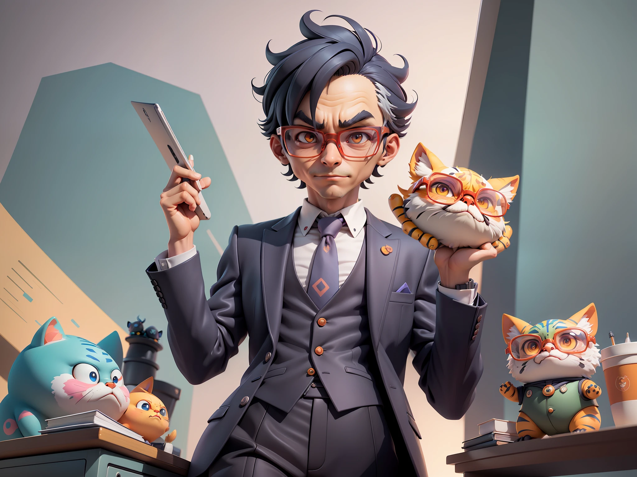 A young man in a suit, Short hair and glasses sat at his desk,holding laptop,digitial painting,tigre,3D character design by Mark Clairen and Pixar and Hayao Miyazaki and Akira Toriyama,4K HD illustration,Very detailed facial features and cartoon-style visuals。