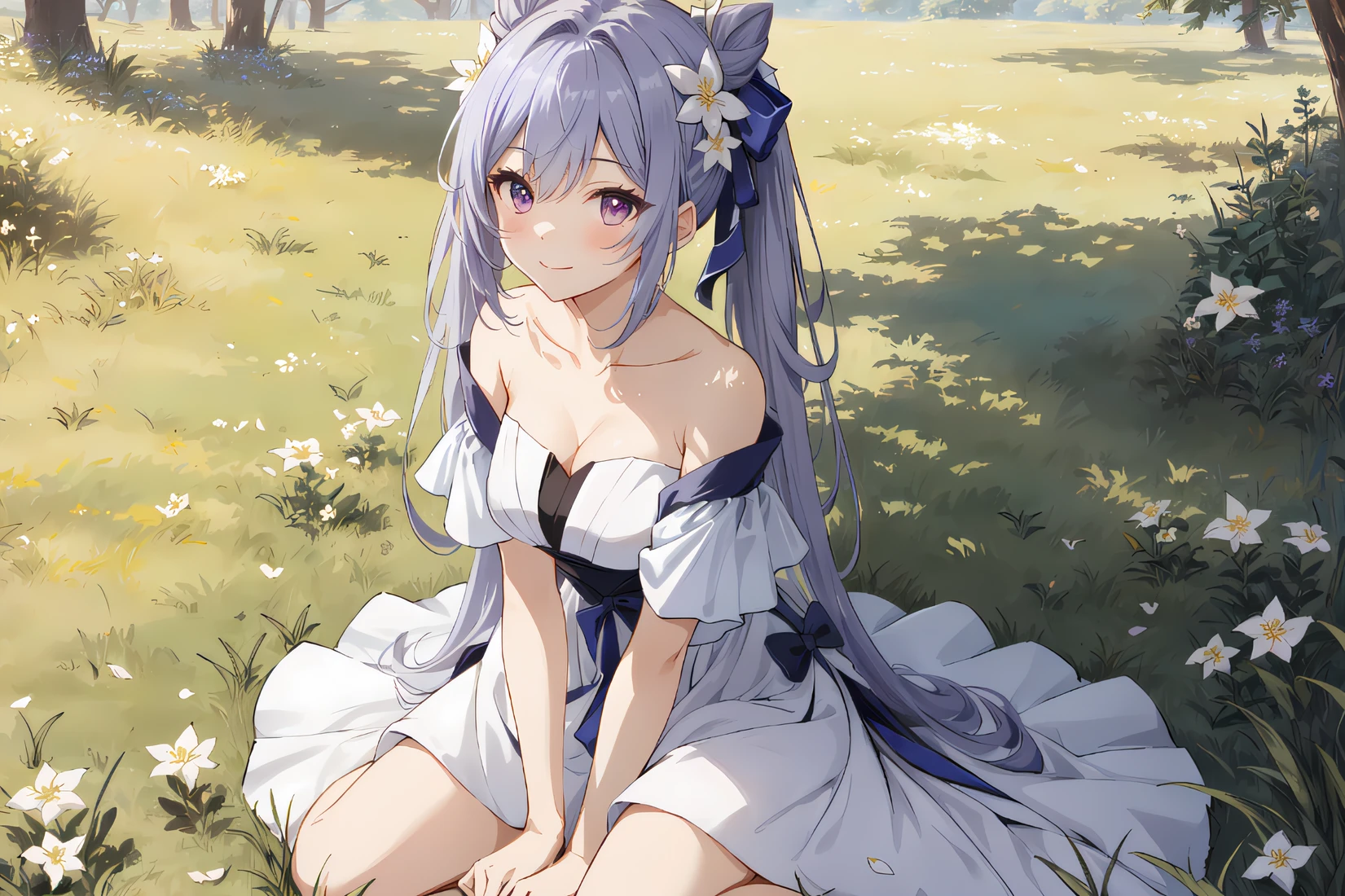 Anime girl sitting on grass，A flower stuck in his hair, cute anime waifu in a nice dress, Beautiful anime girl, loli in dress, pretty anime girl, Beautiful anime woman, anime visual of a cute girl, Anime goddess, attractive anime girls, Cute anime girl, Beautiful anime, seductive anime girls, a beautiful anime portrait, Smooth anime CG art, Beautiful anime art