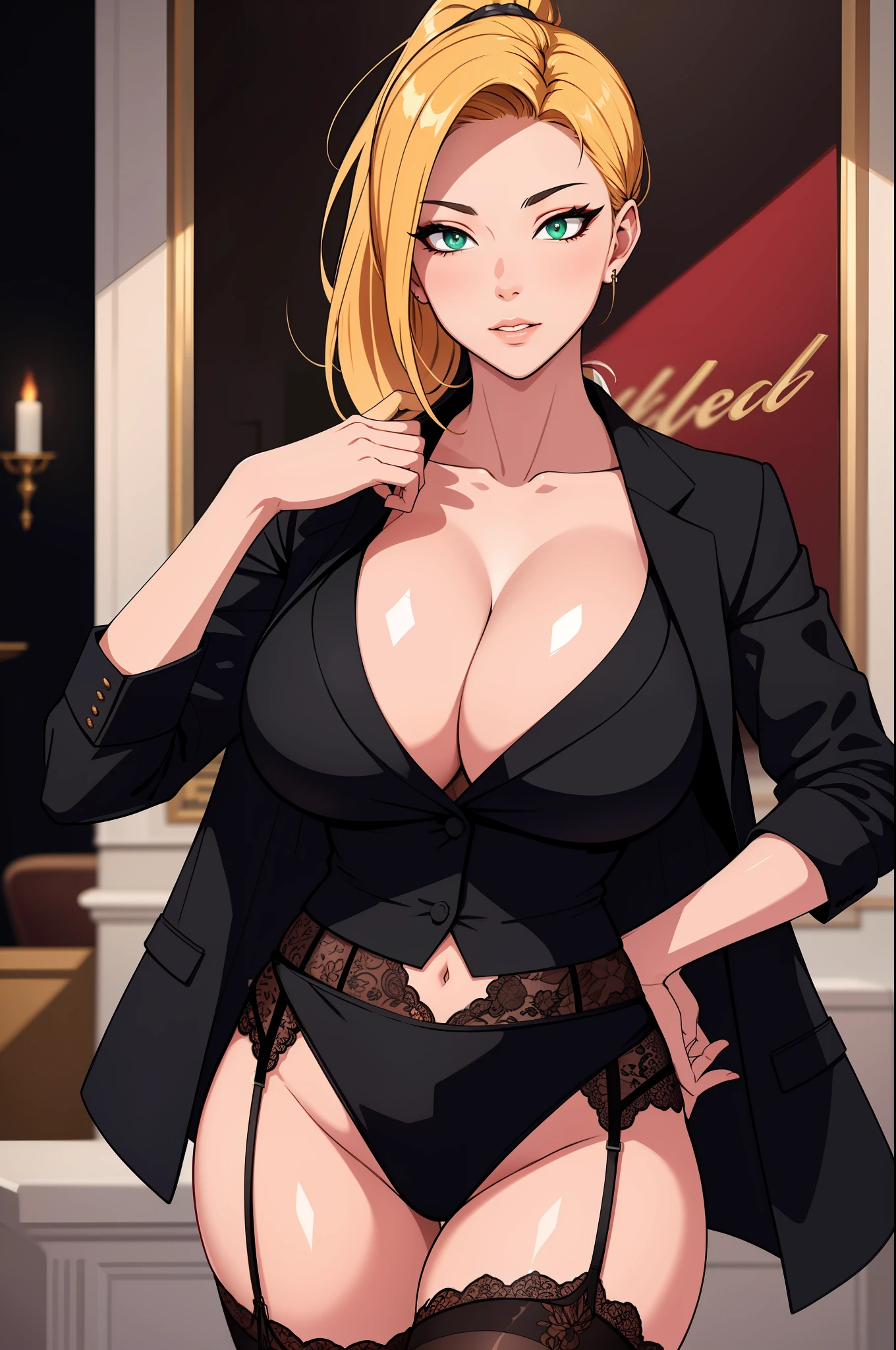 （tmasterpiece，A high resolution，best qualtiy：1.2），8K，highly  detailed，复杂，rich colourful，vibrant image，Clear focus，cinematic ligh） blond hairbl，long whitr hair，Green eyes，body builder （Wear black business attire，black_Collared shirt cropped jacket，tiese，tiese，Black frilled skirt，a garter belt，Leather belt） （Large, Perfect round breasts，Hourglass body，Big breasts Thin waist，Very thin waist， photograph realistic，（hyper realisitc：1）big breasts beautiful， tmasterpiece，Best quality at best，extremelydetailedface，s the perfect face，beauitful face，Perfect lighting，Detailed eye makeup，Details of the face，Nice detail eyes，pretty hand，perfect hand，glowing light eyes（realistic pupil，Realistic iris：1）Heavy eye makeup，（empty Casino）（Posing dynamically）High ponytail