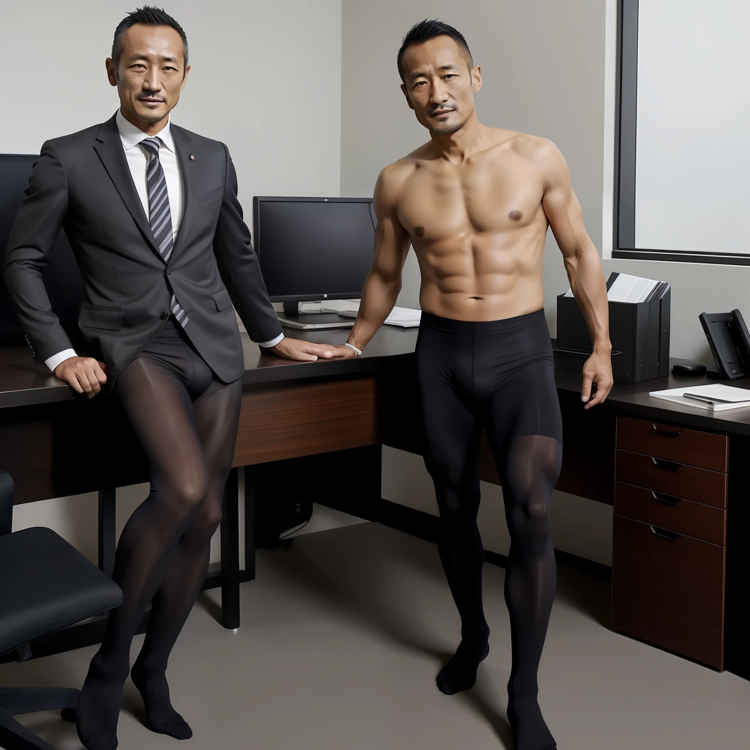 50yearsold,Hidetoshi Nakata,(Demo Mulroni 1.3),Shirtless,Tong,Bulge,office room,black long socks,Thin,musculature,lbeard,fortitude,artwork of a,tmasterpiece,k hd,ssmile,wearing a tights,Business suit